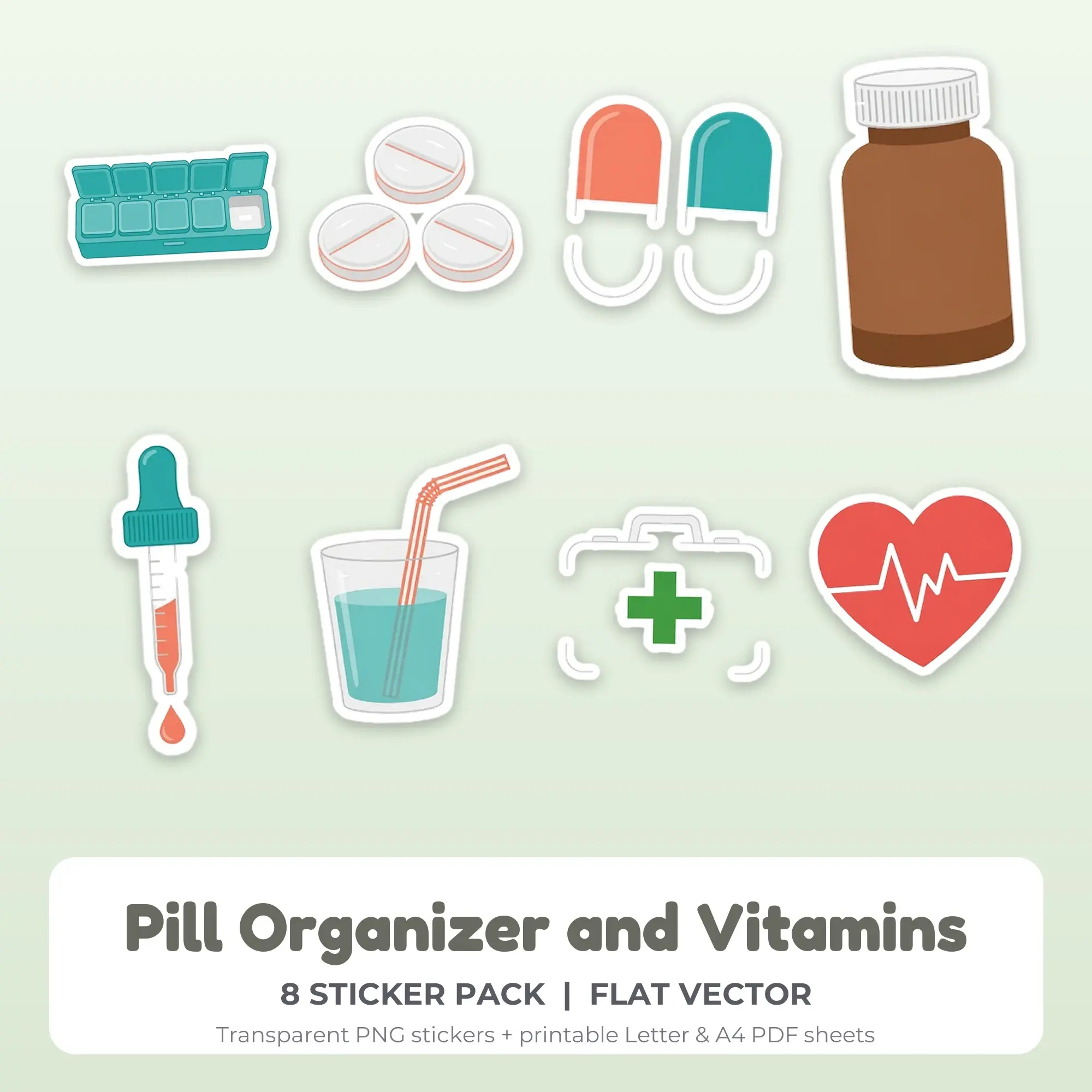 Pill Organizer and Vitamins Sticker Pack - 8 Printable Stickers preview