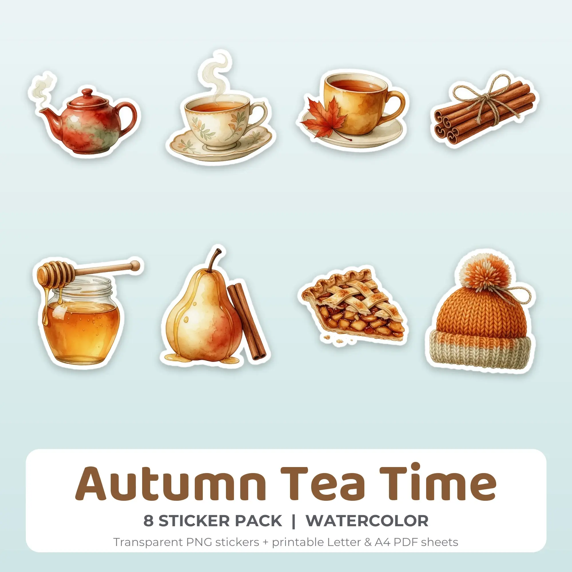 Autumn Tea Time Sticker Pack - 8 Printable Stickers preview