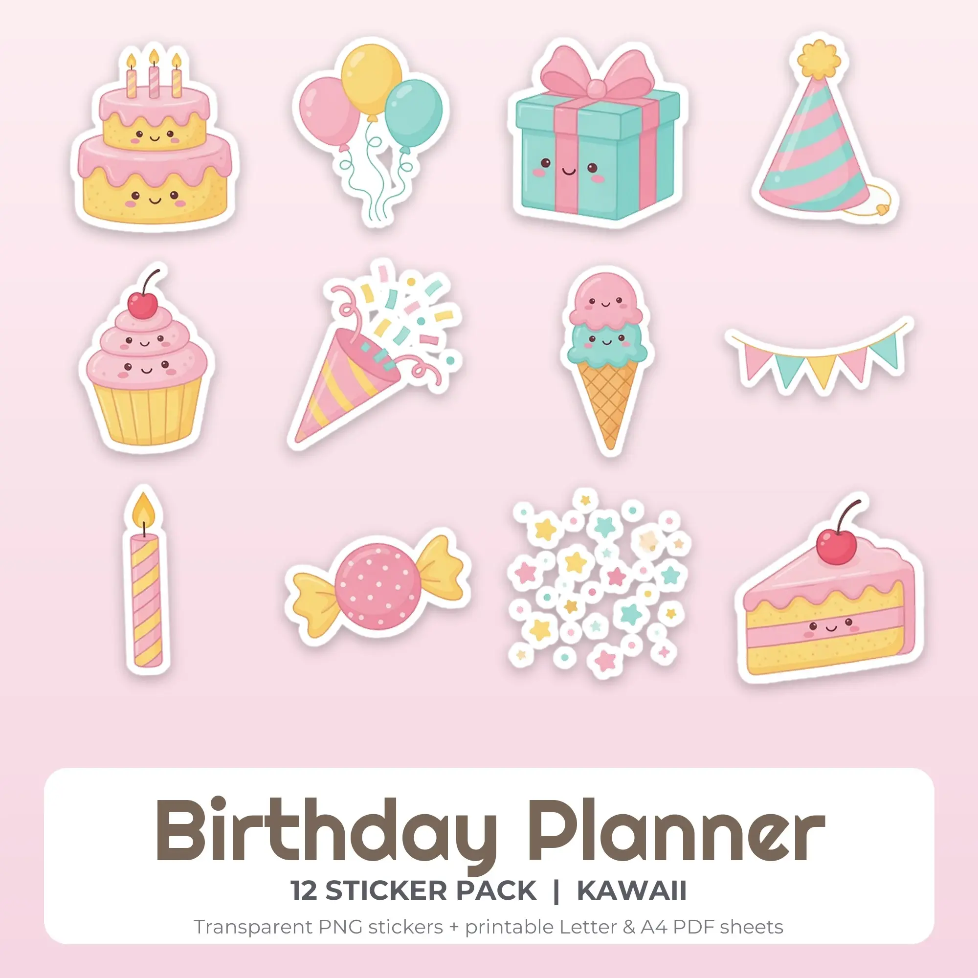 Kawaii Birthday Planner Sticker Set - 12 Printable PNG preview