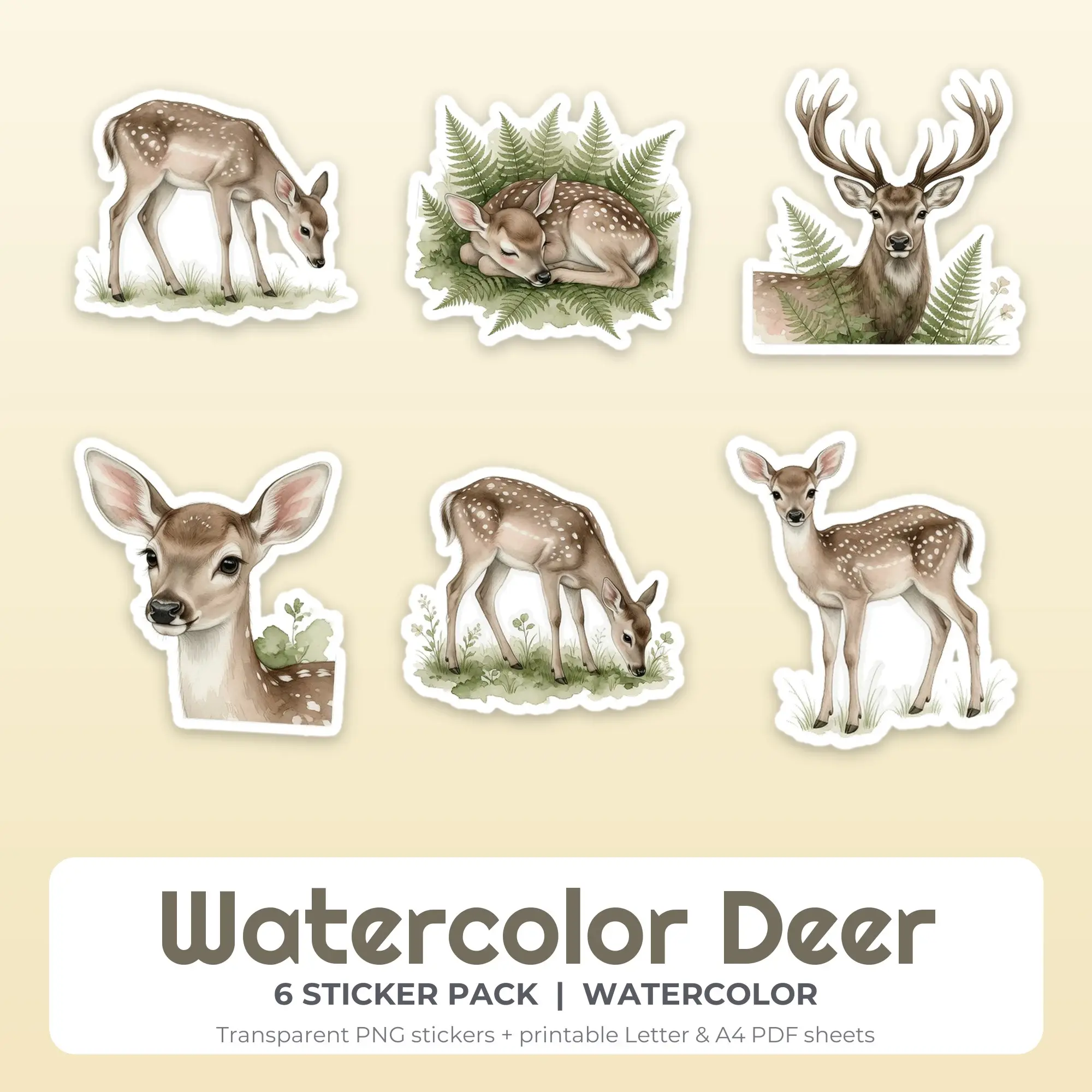 Watercolor Deer Sticker Pack - 6 Printable Stickers preview