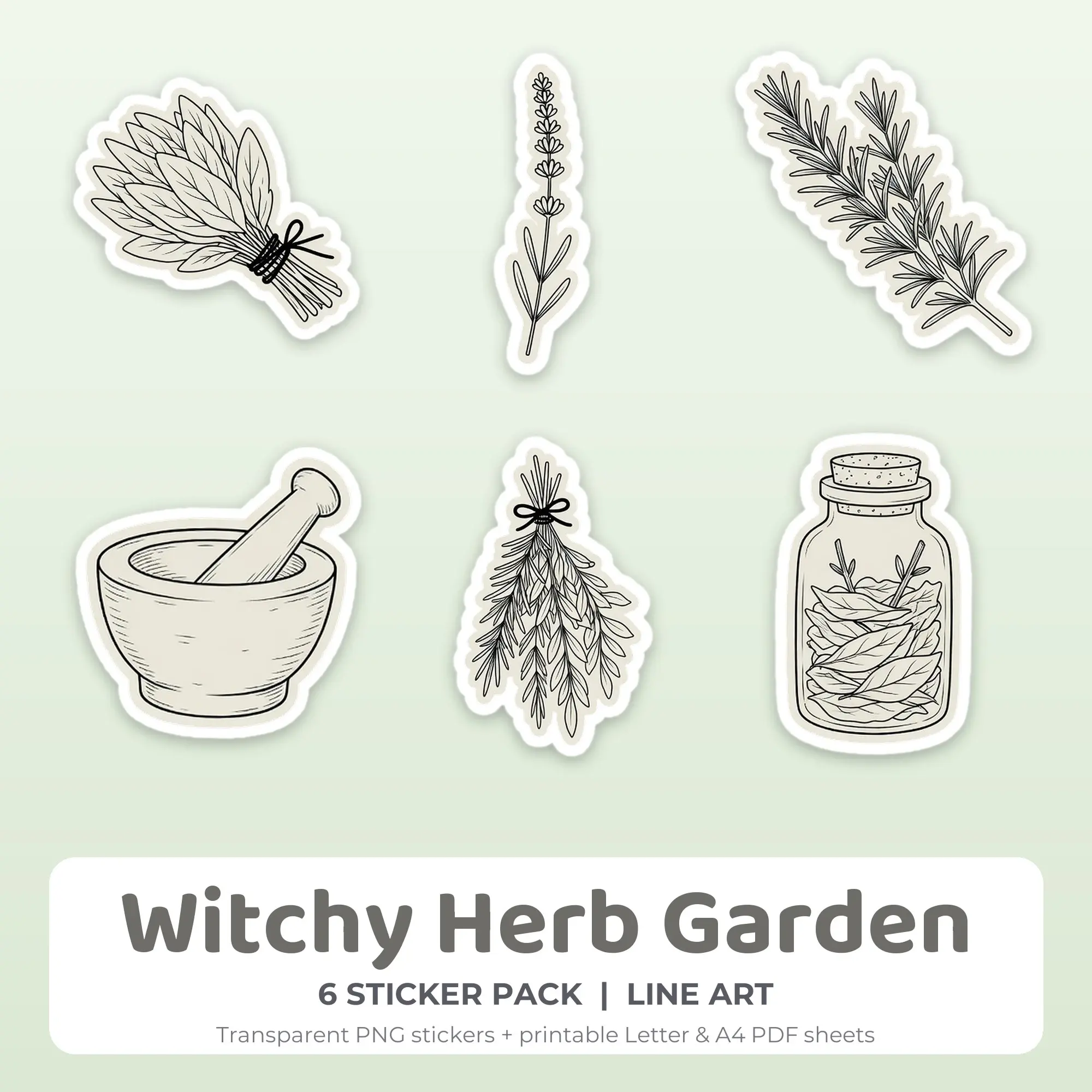 6 Witchy Herb Garden Stickers - Printable Sticker Sheet PDF preview