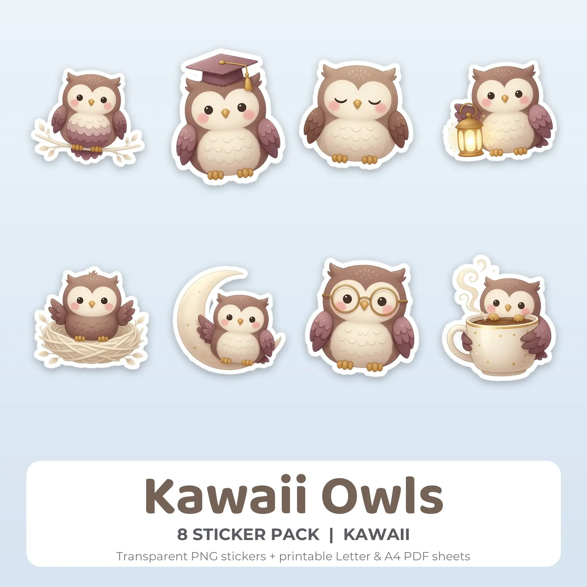 Printable Kawaii Owls Sticker Pack, Kawaii Style - 8 PNG preview