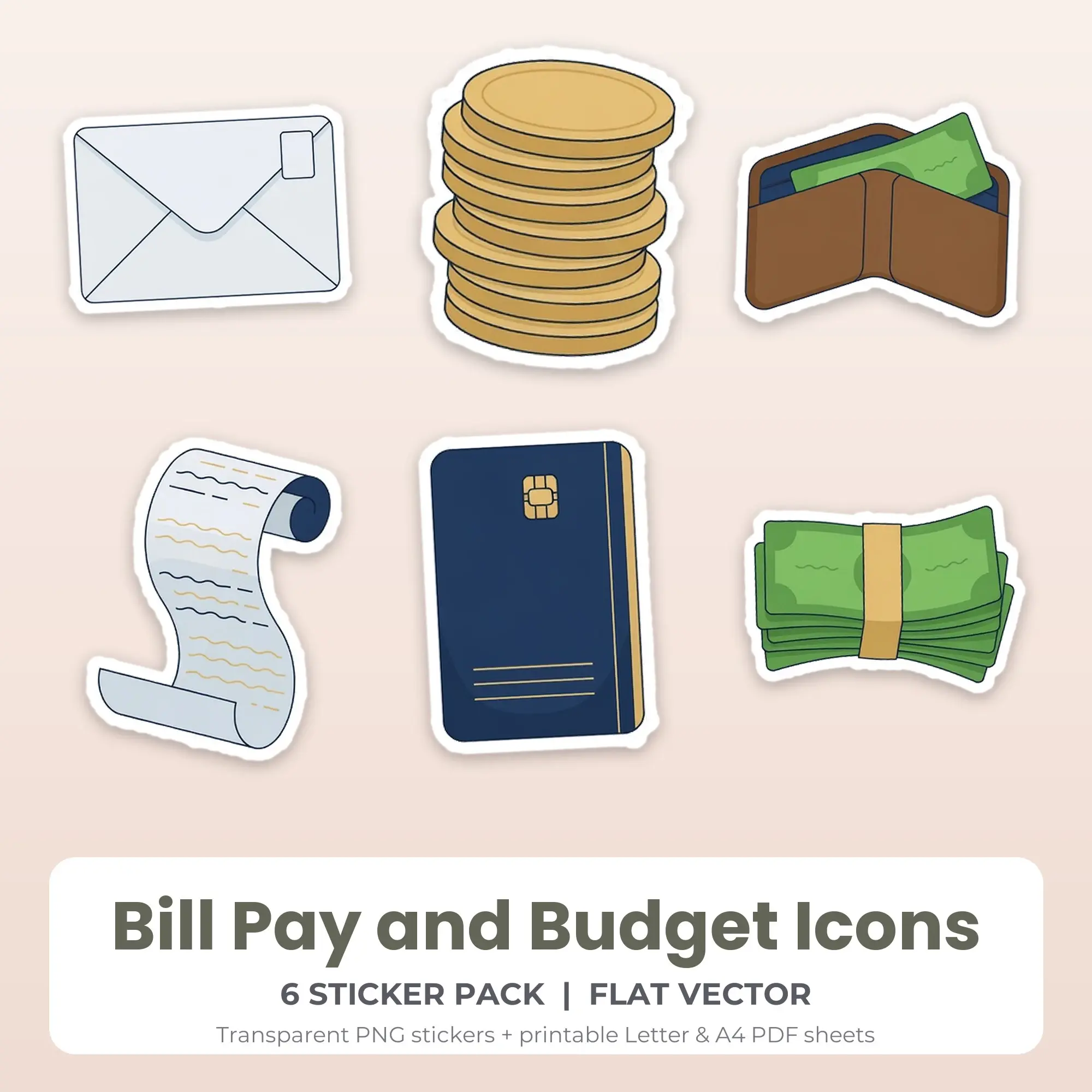 Flat Vector Bill Pay and Budget Icons Sticker Set - 6 Printable PNG preview