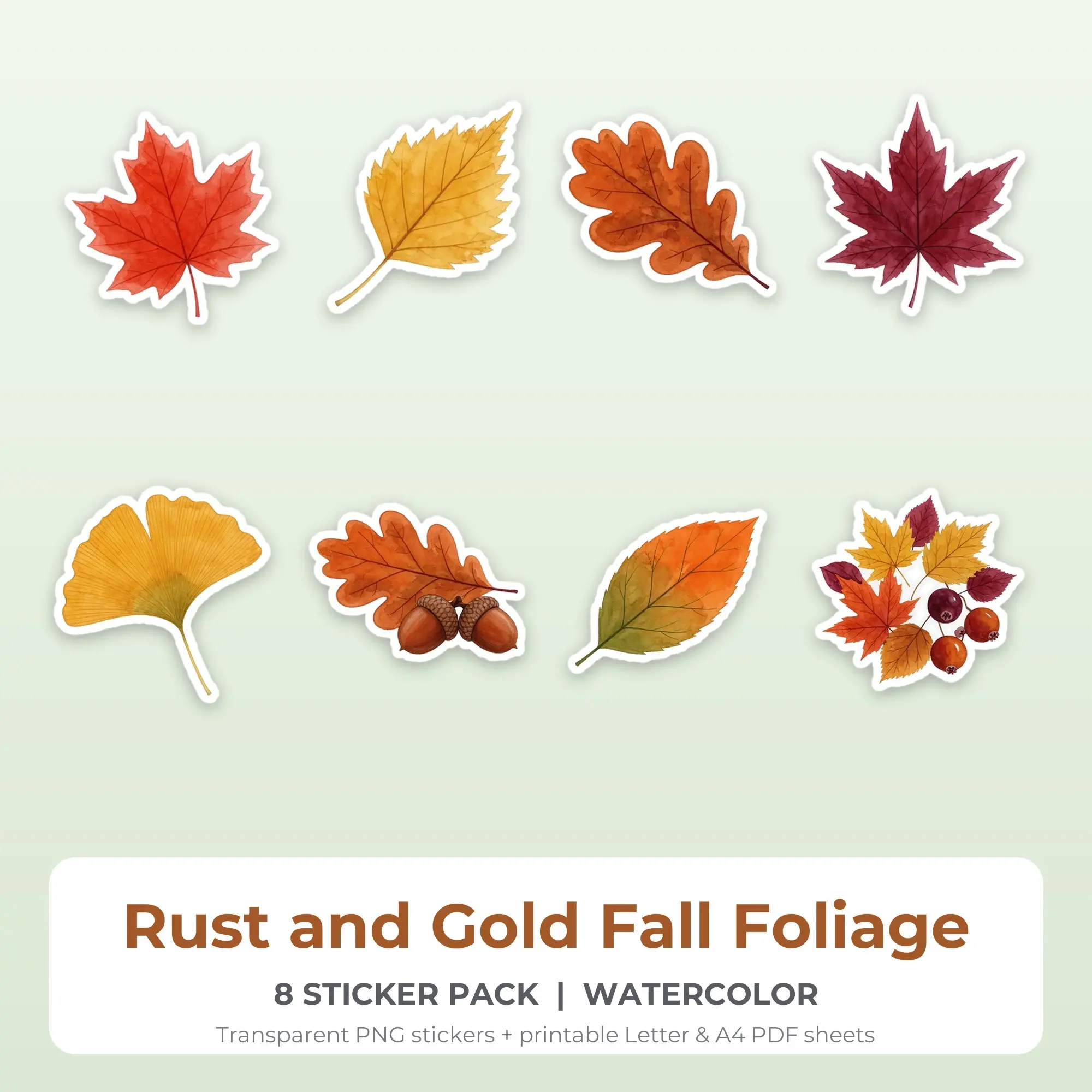 Rust and Gold Fall Foliage Stickers, 8 PNG + Printable PDF Sheet, preview 1 of 2