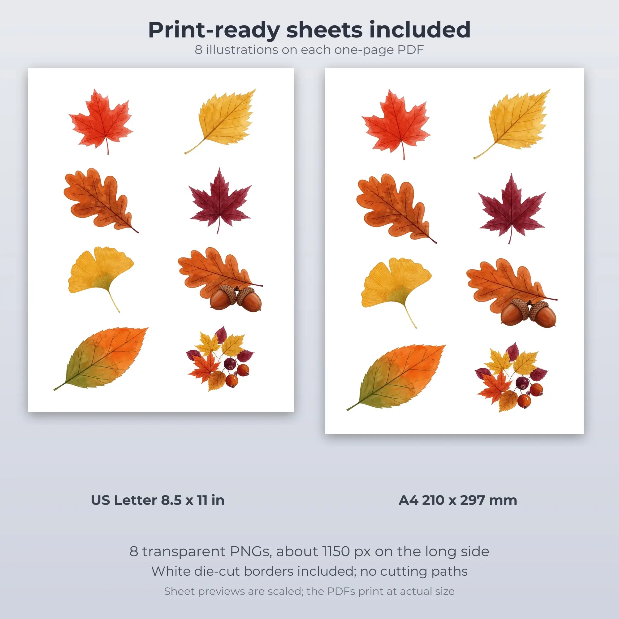 Rust and Gold Fall Foliage Stickers, 8 PNG + Printable PDF Sheet, preview 2 of 2