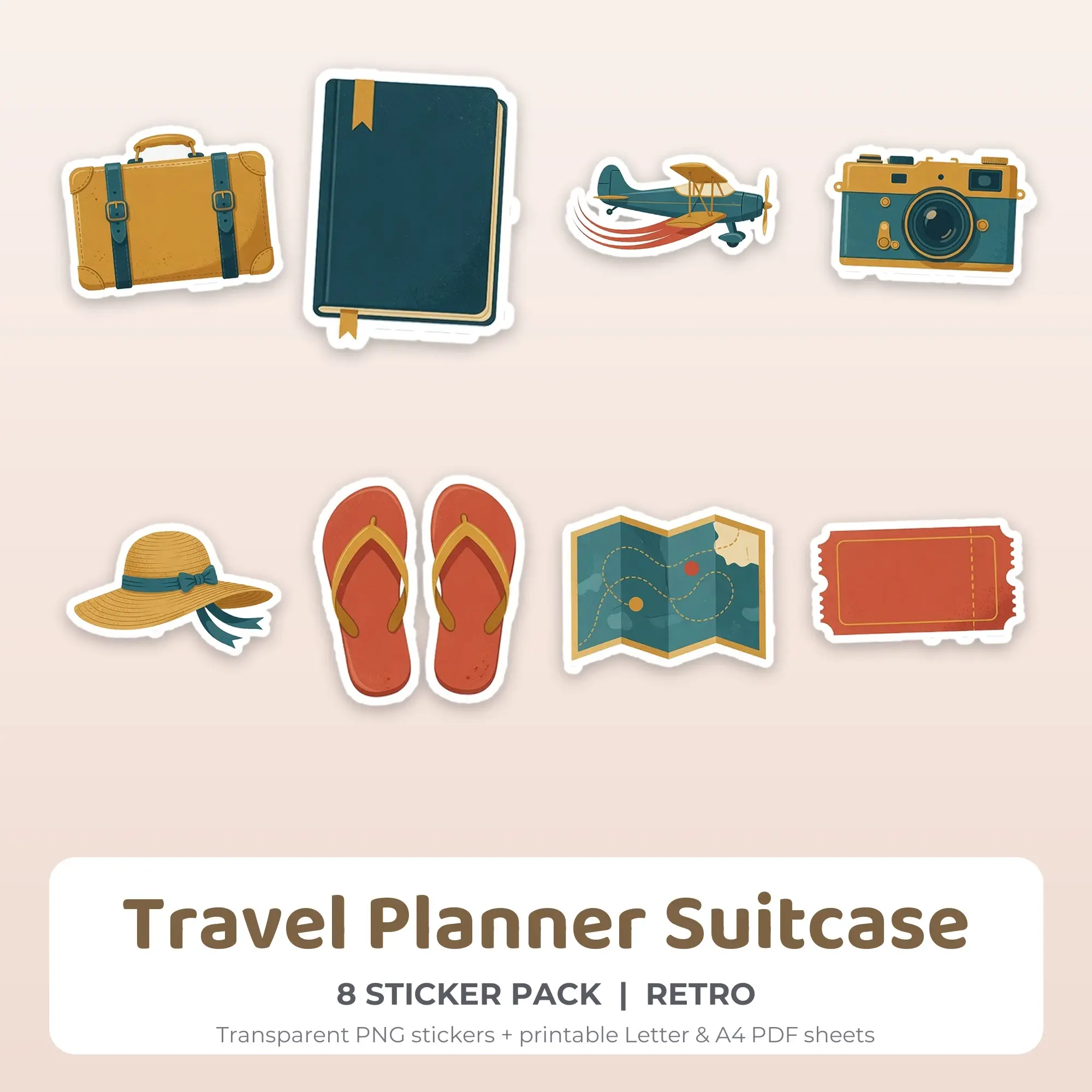 Travel Planner Suitcase Stickers, 8 PNG + Printable PDF Sheet preview