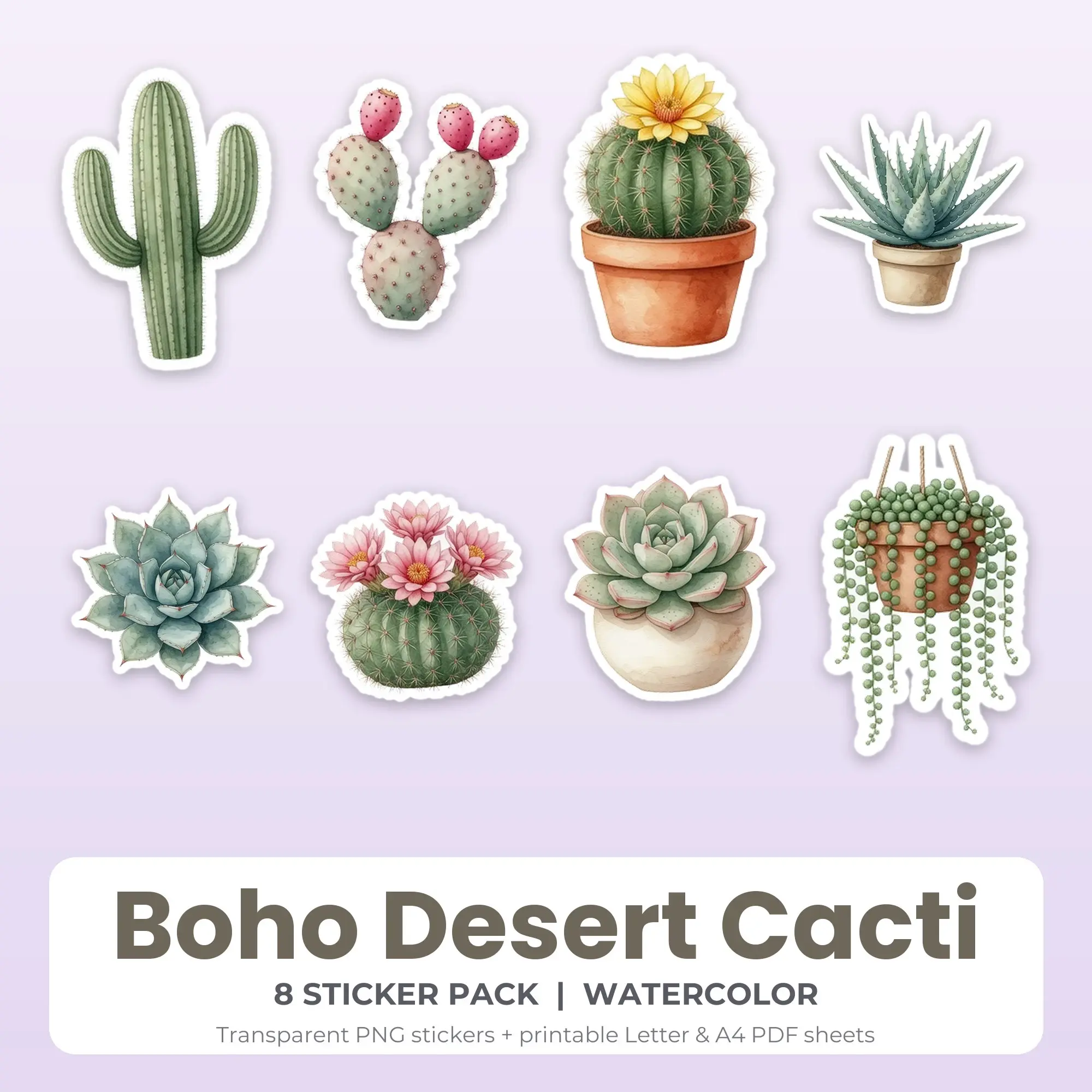 Boho Desert Cacti Printable Stickers - 8 Die-Cut PNG + PDF preview