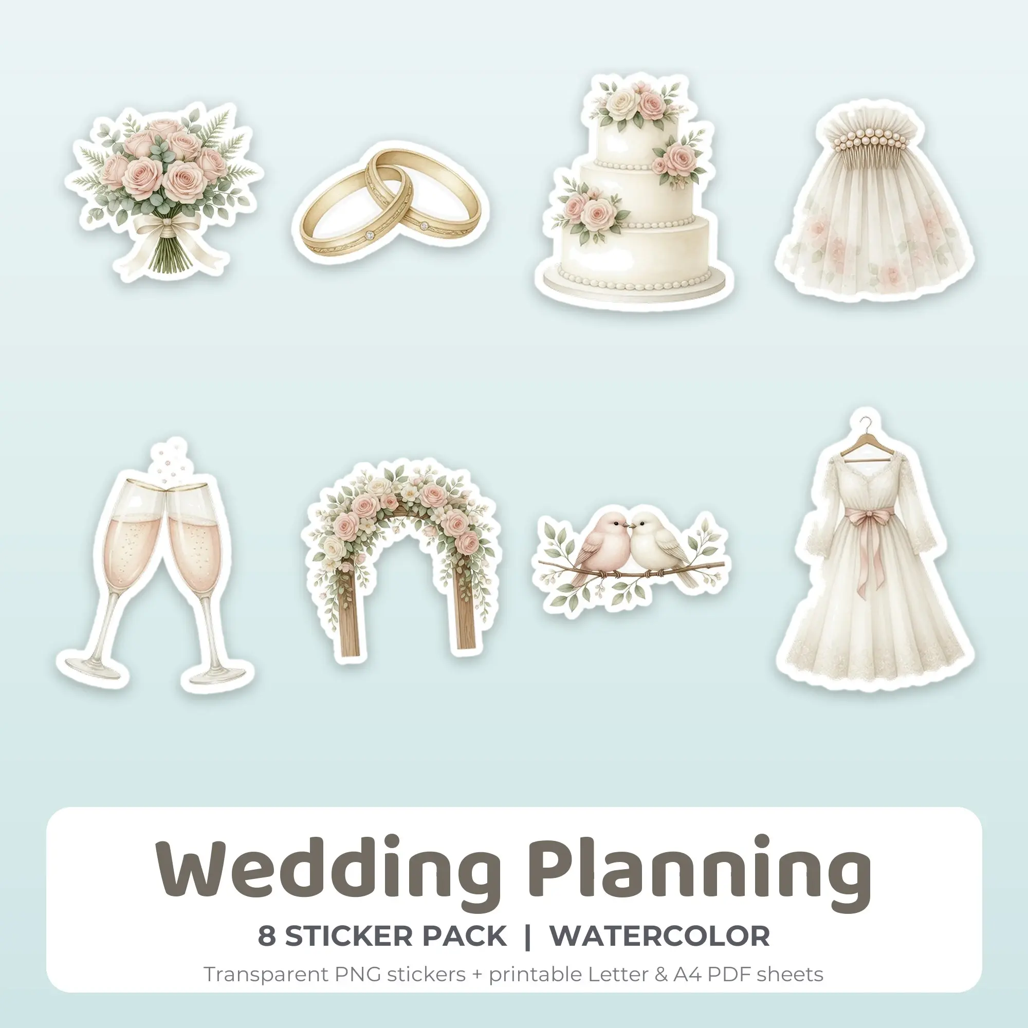 Printable Wedding Planning Sticker Pack, Watercolor Style - 8 PNG preview