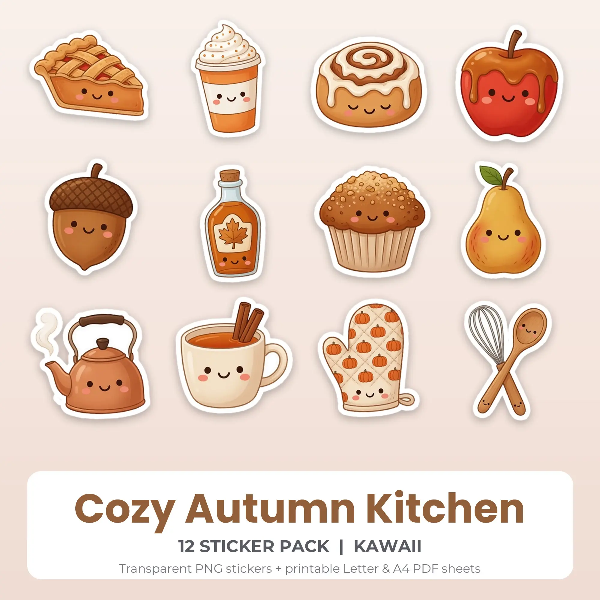 Cozy Autumn Kitchen Stickers, 12 PNG + Printable PDF Sheet preview
