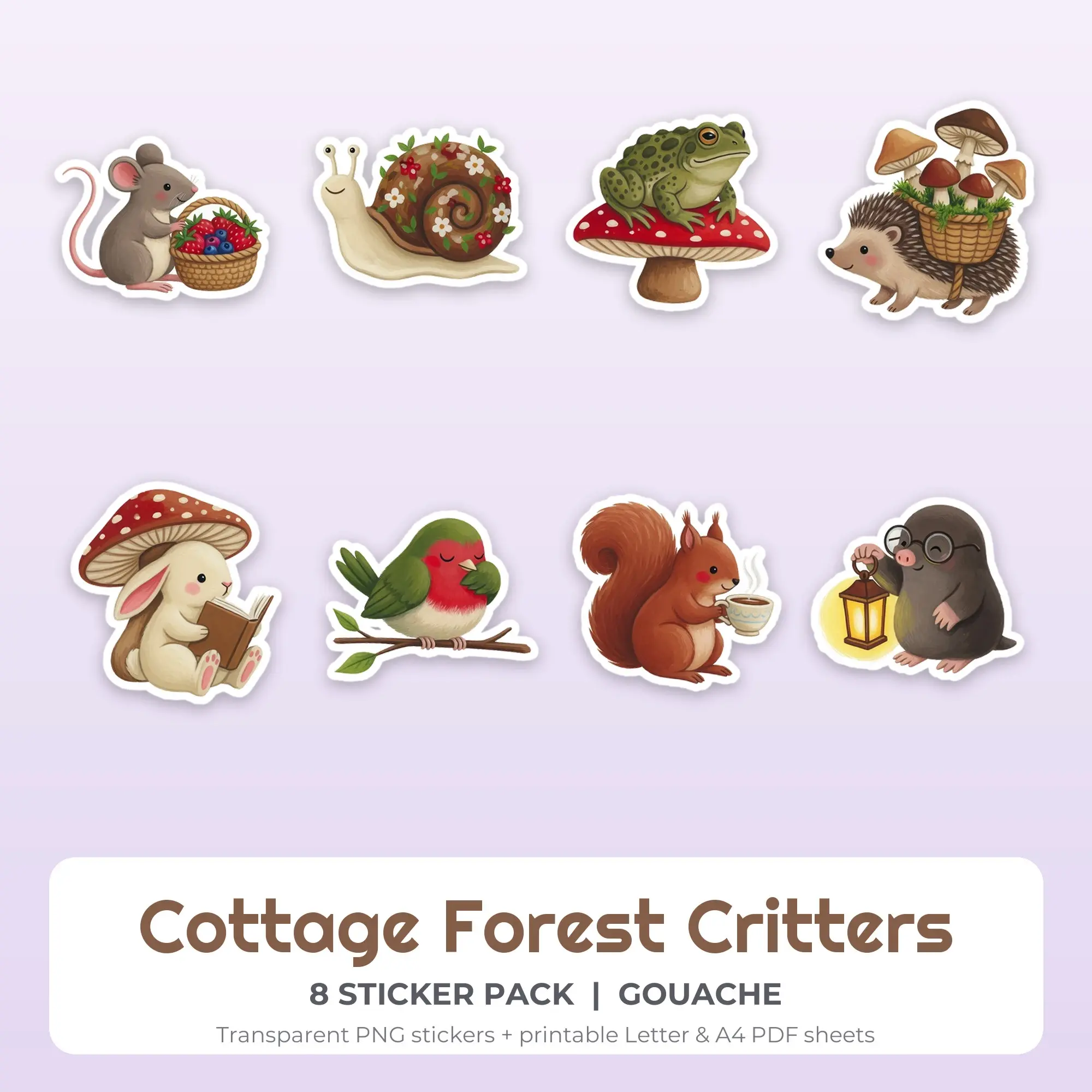 Cottage Forest Critters Stickers, 8 PNG + Printable PDF Sheet preview