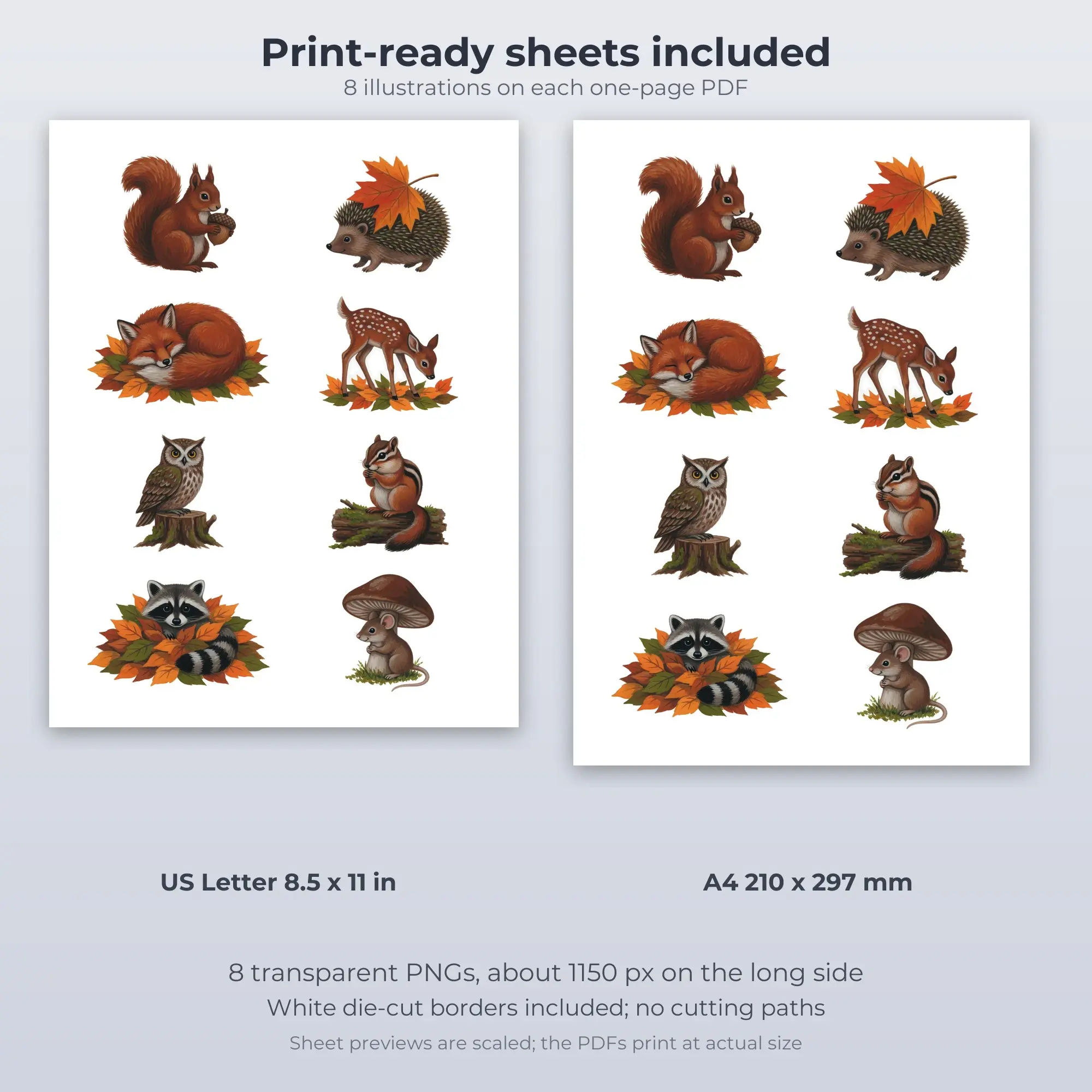 Autumn Woodland Critters Stickers, 8 PNG + Printable PDF Sheet, preview 2 of 2