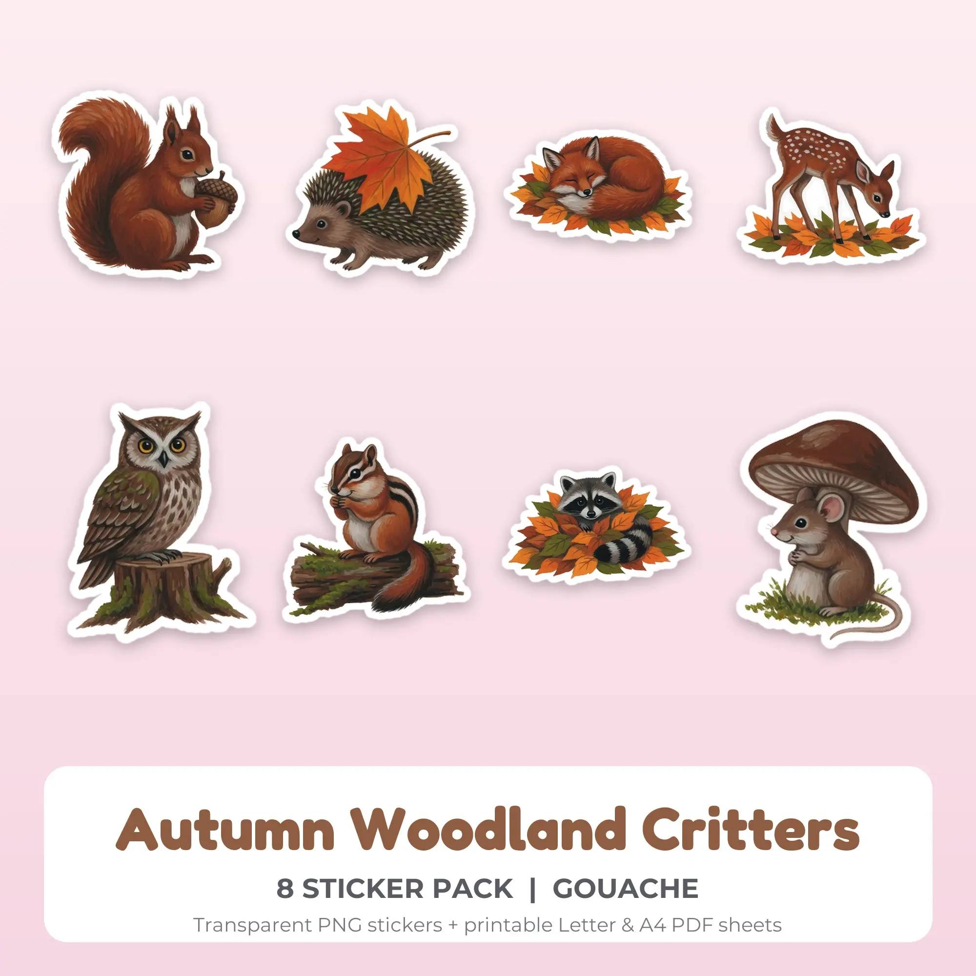Autumn Woodland Critters Stickers, 8 PNG + Printable PDF Sheet preview