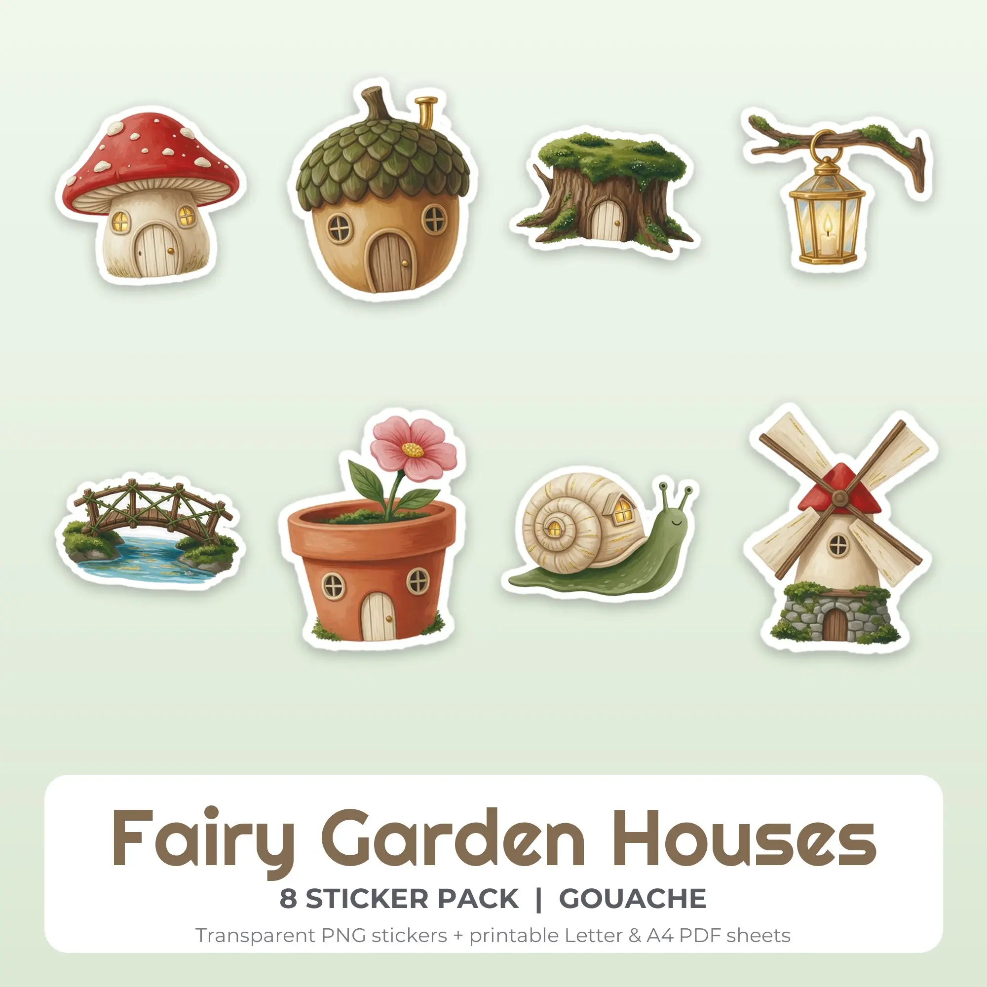 Printable Fairy Garden Houses Sticker Pack, Gouache Style - 8 PNG preview