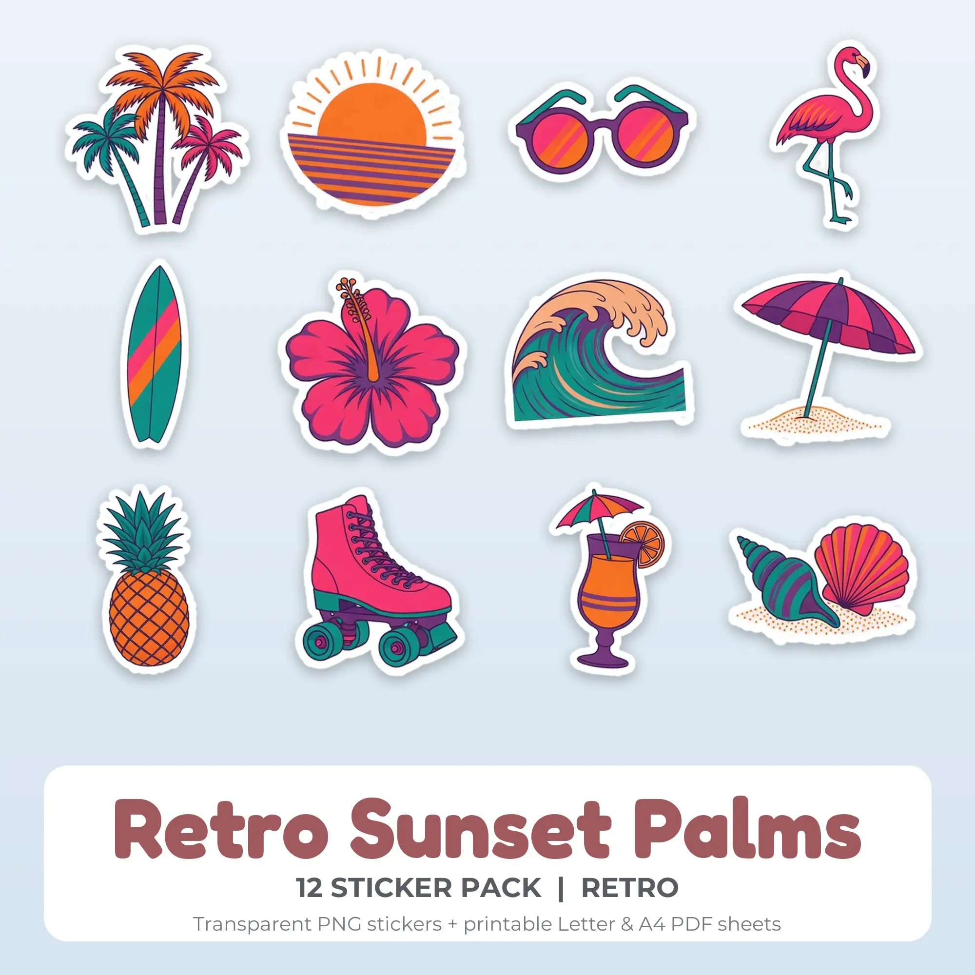 Retro Sunset Palms Printable Stickers - 12 Die-Cut PNG + PDF preview