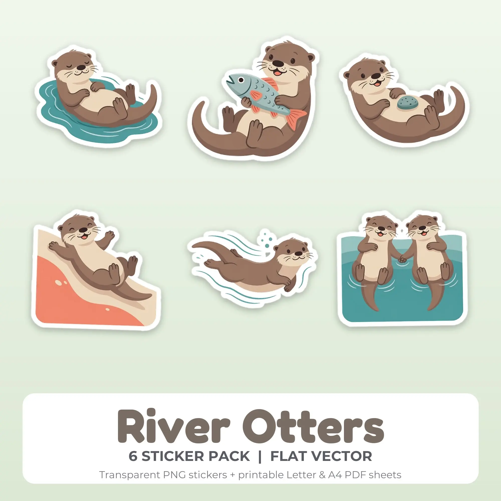 River Otters Printable Stickers - 6 Die-Cut PNG + PDF preview