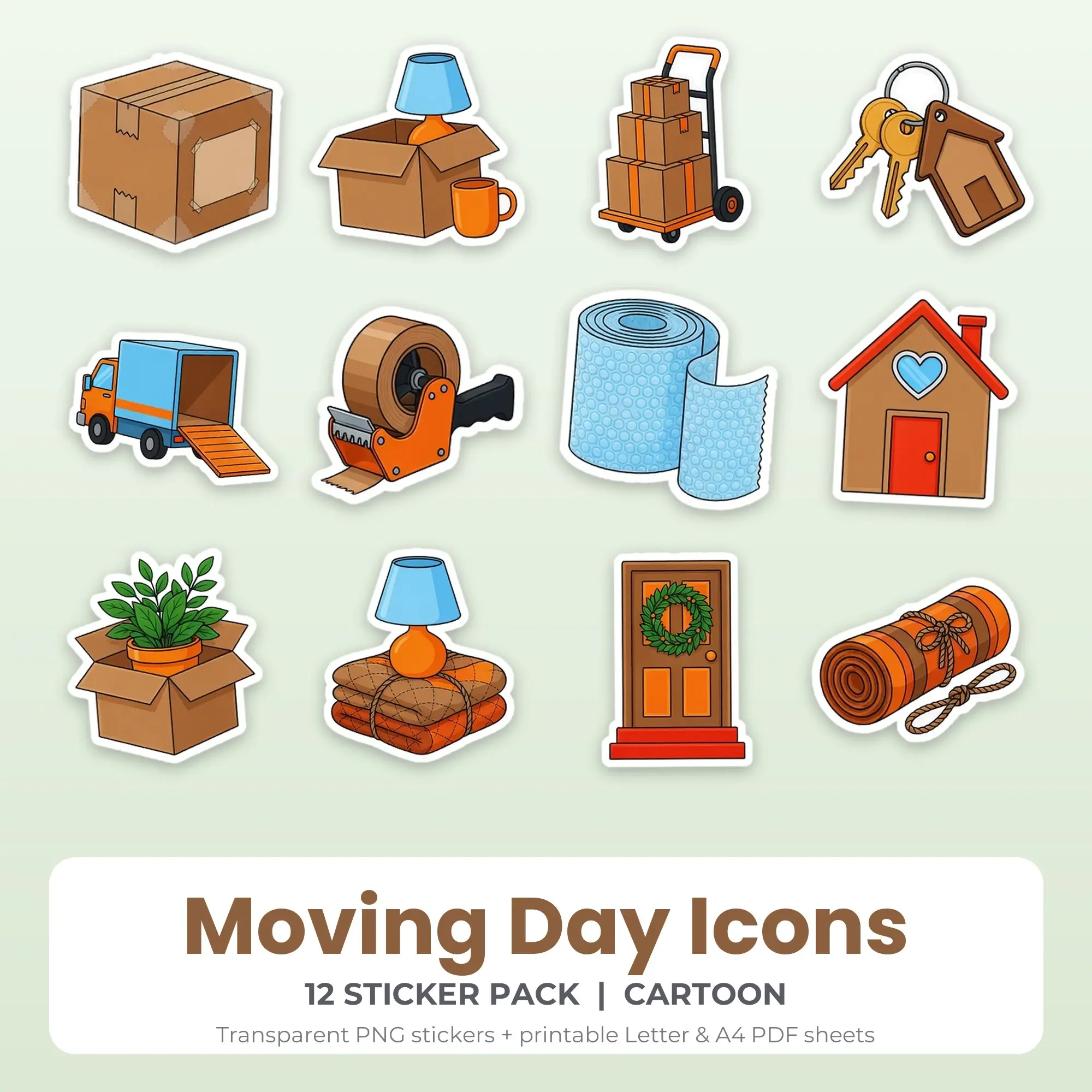 Printable Moving Day Icons Sticker Pack, Cartoon Style - 12 PNG preview