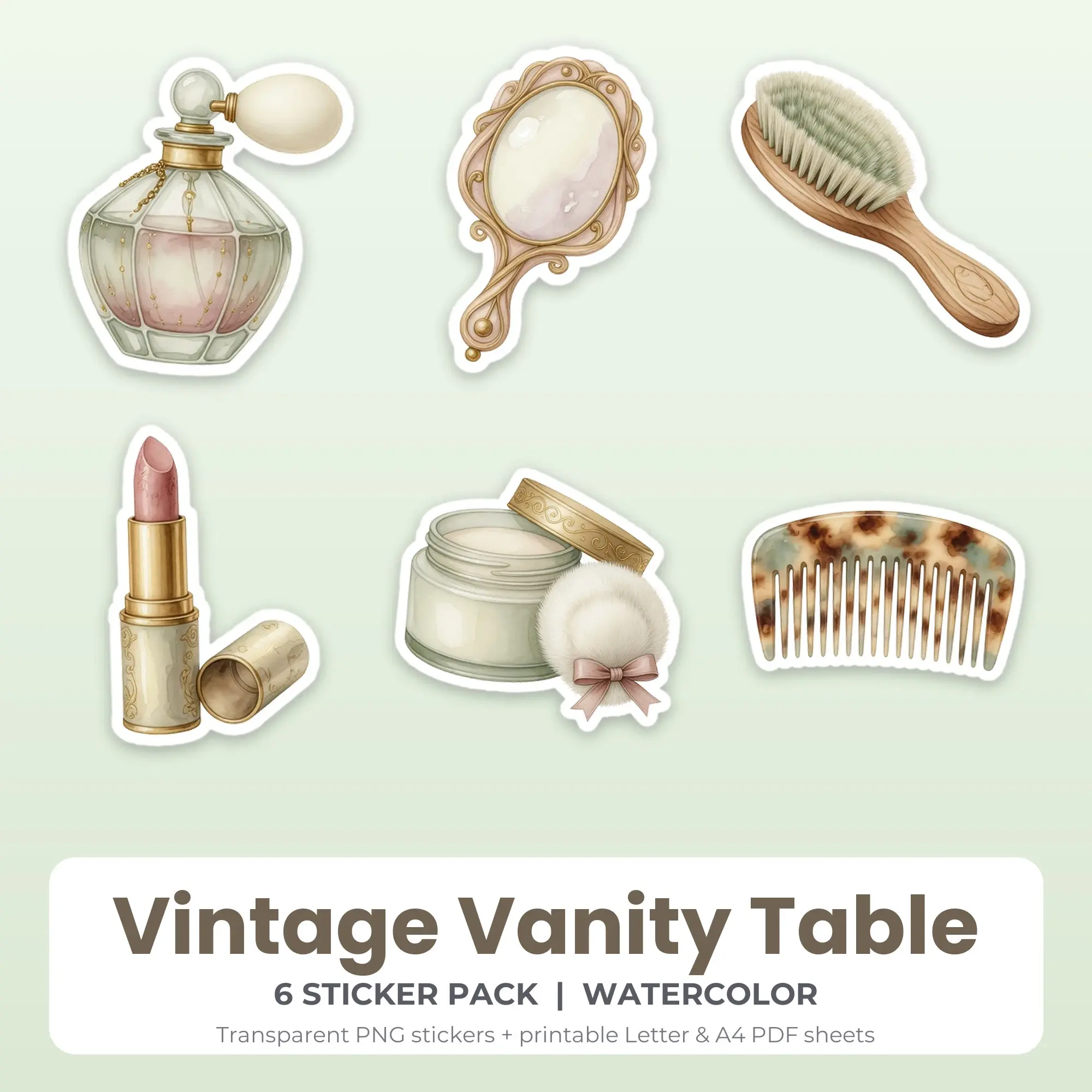 Watercolor Vintage Vanity Table Sticker Set - 6 Printable PNG preview