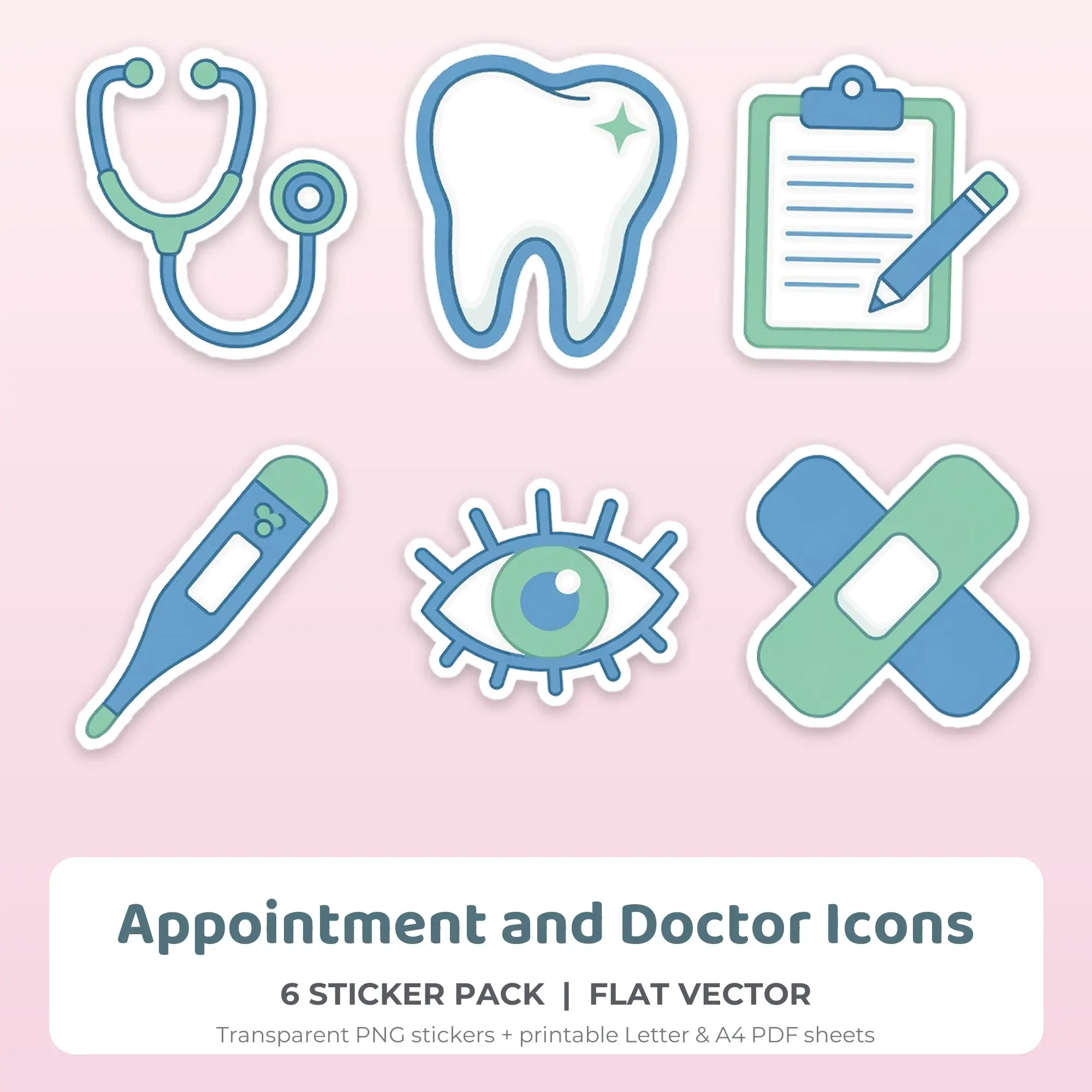 Appointment and Doctor Icons Printable Stickers - 6 Die-Cut PNG + PDF preview