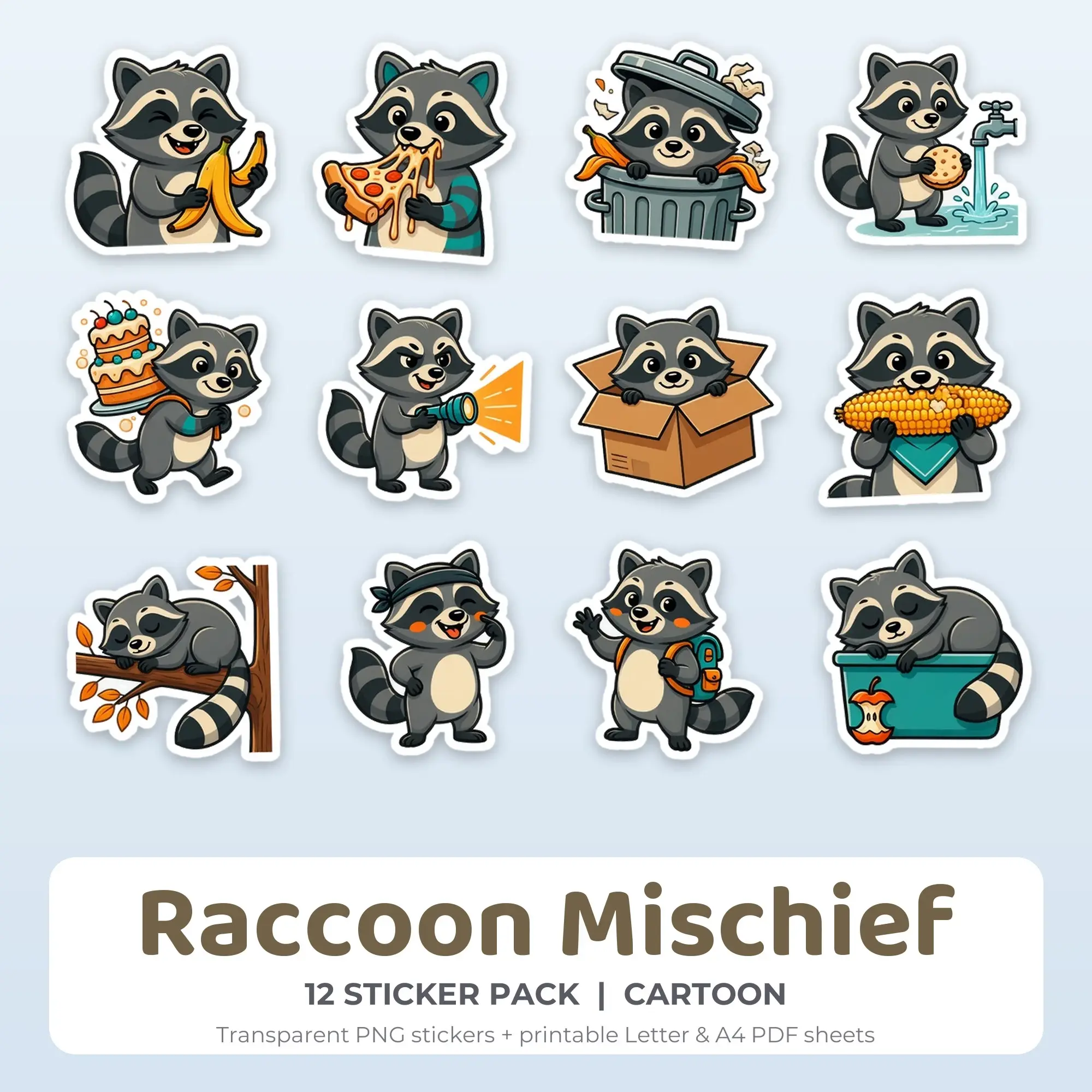 Raccoon Mischief Stickers, 12 PNG + Printable PDF Sheet preview