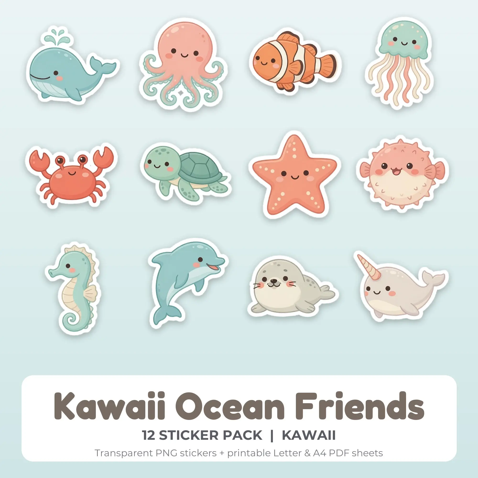Kawaii Ocean Friends Sticker Pack - 12 Printable Stickers preview