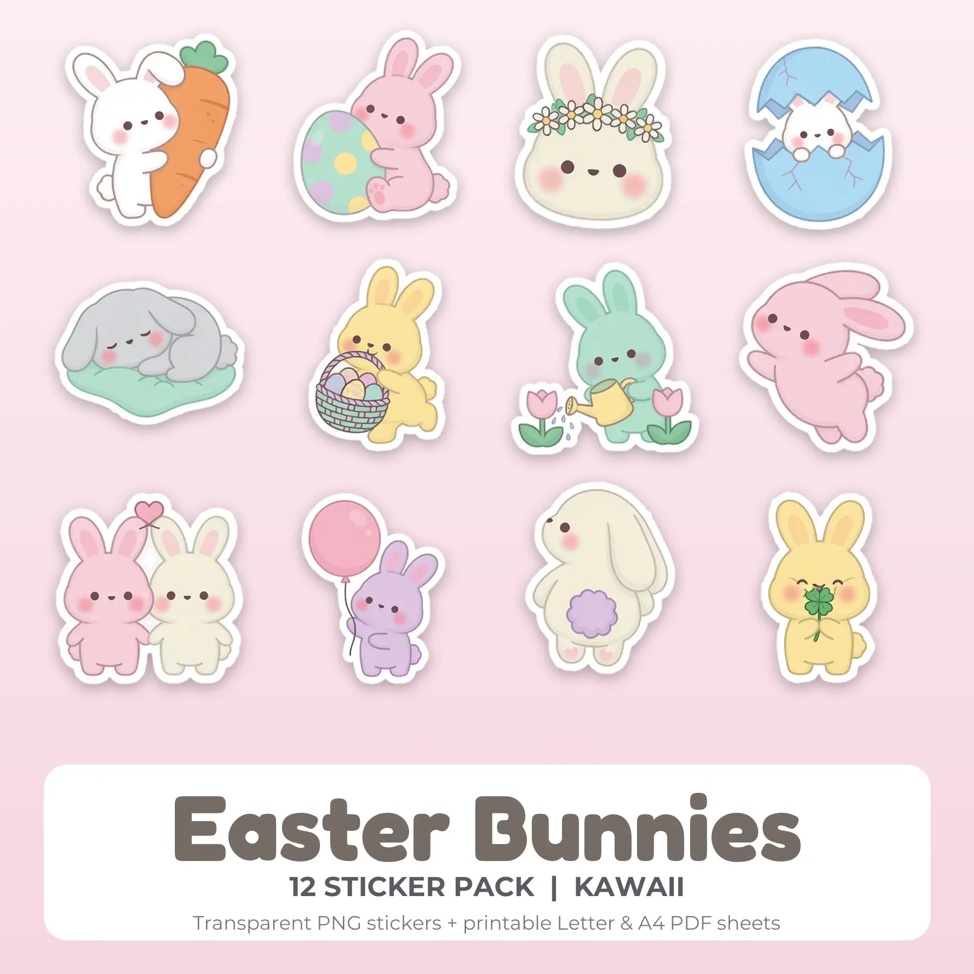 Kawaii Easter Bunnies Sticker Set - 12 Printable PNG preview