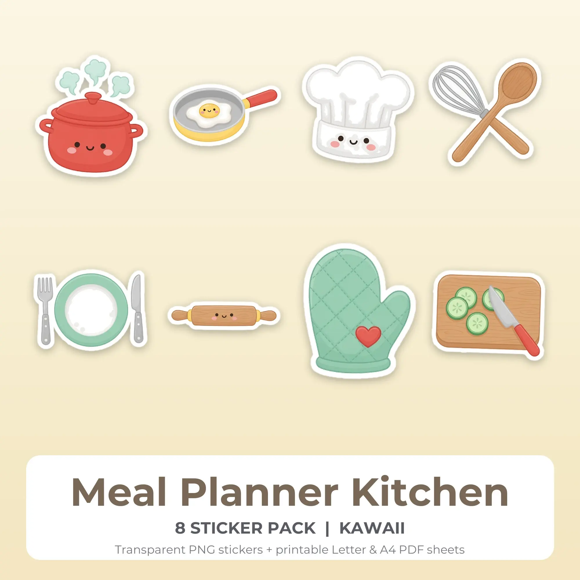 Printable Meal Planner Kitchen Sticker Pack, Kawaii Style - 8 PNG preview