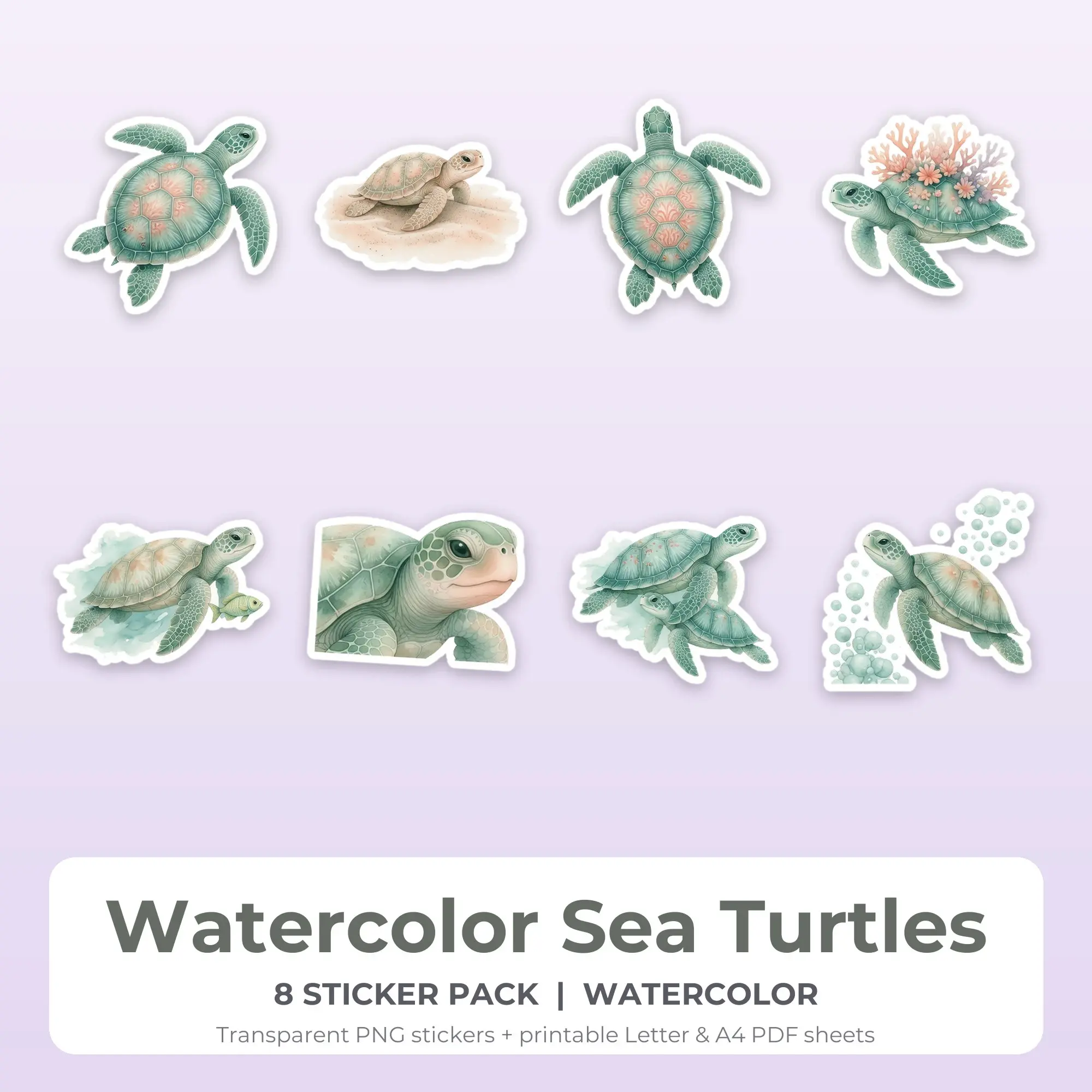 Watercolor Sea Turtles Printable Stickers - 8 Die-Cut PNG + PDF preview