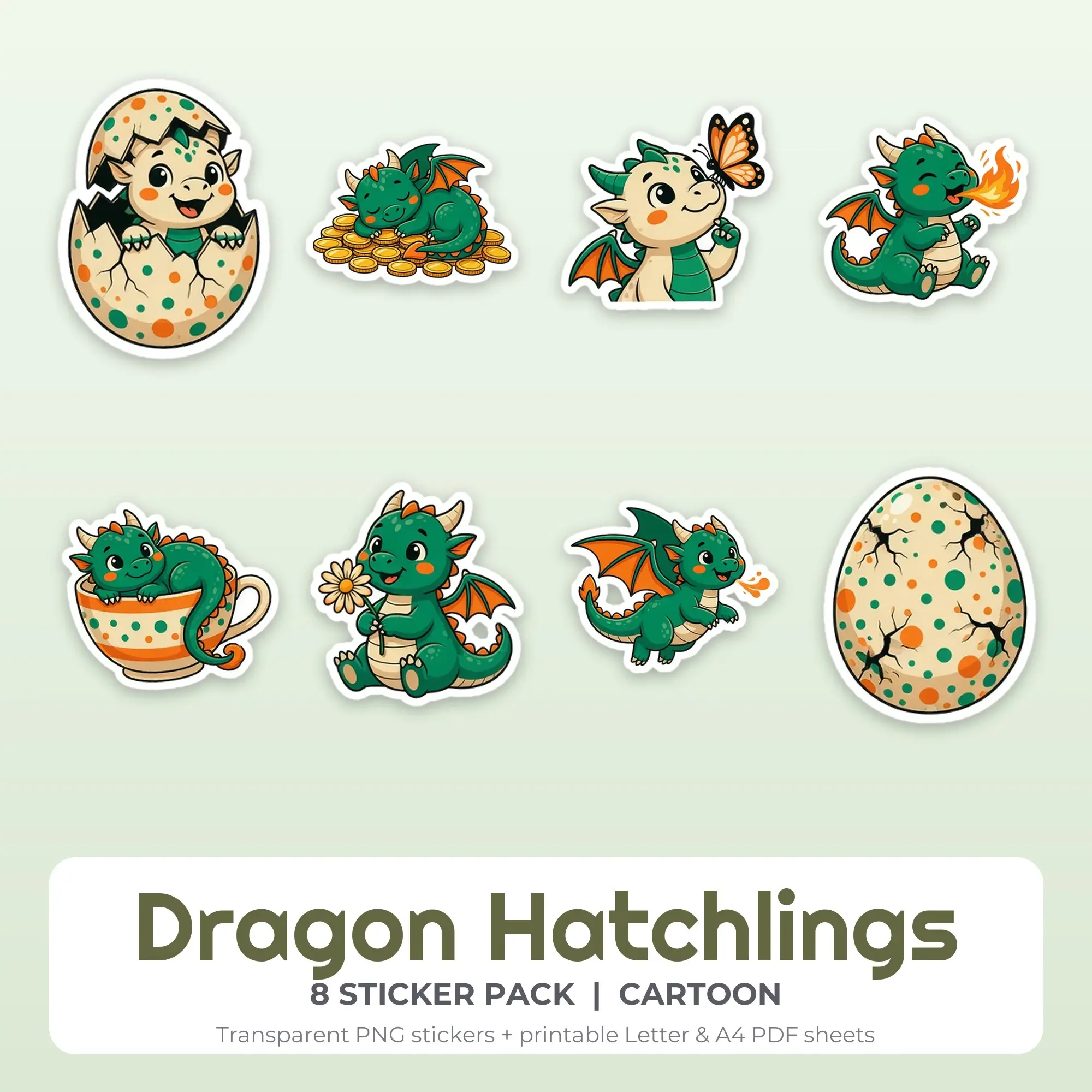 8 Dragon Hatchlings Stickers - Printable Sticker Sheet PDF preview