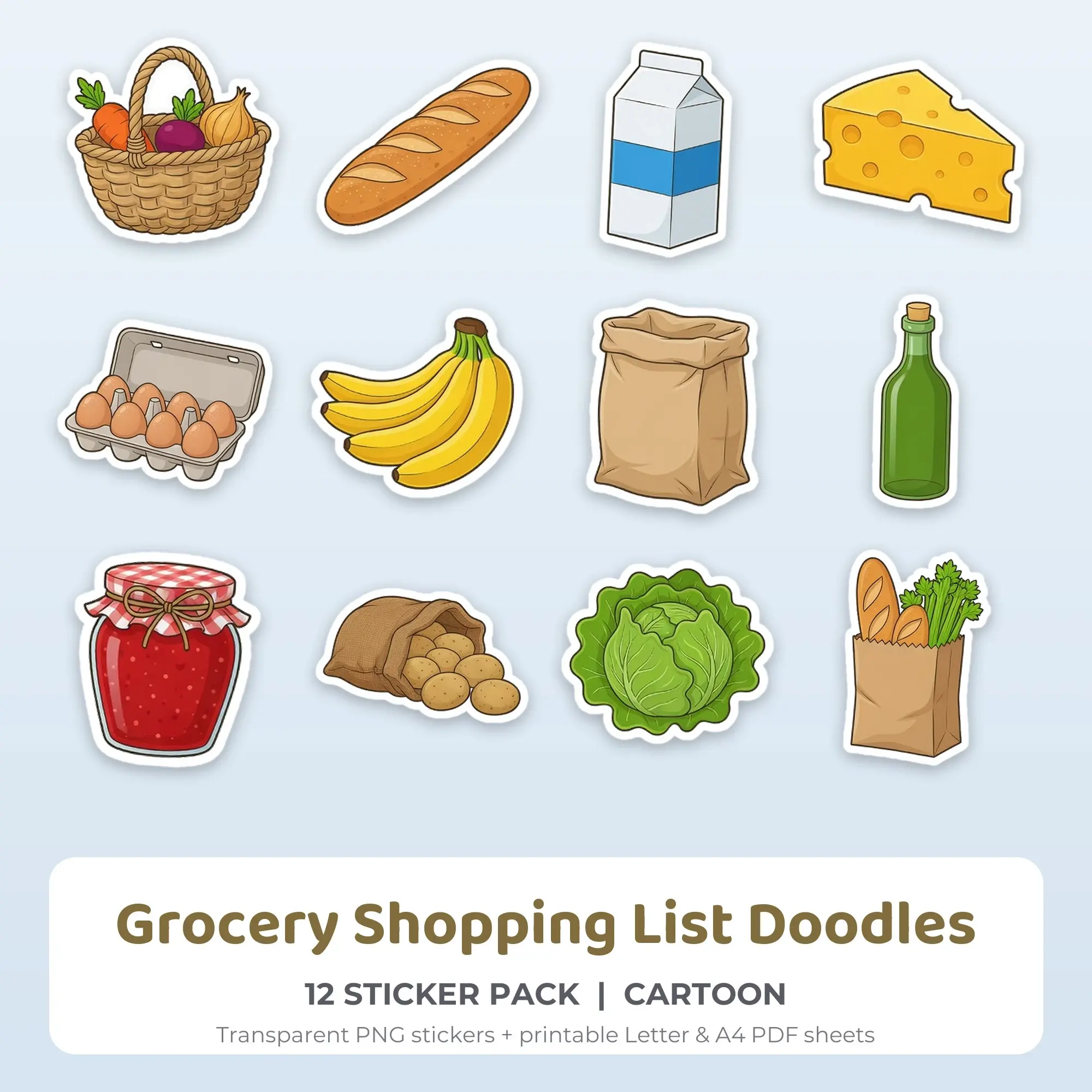Grocery Shopping List Doodles Sticker Pack - 12 Printable Stickers preview