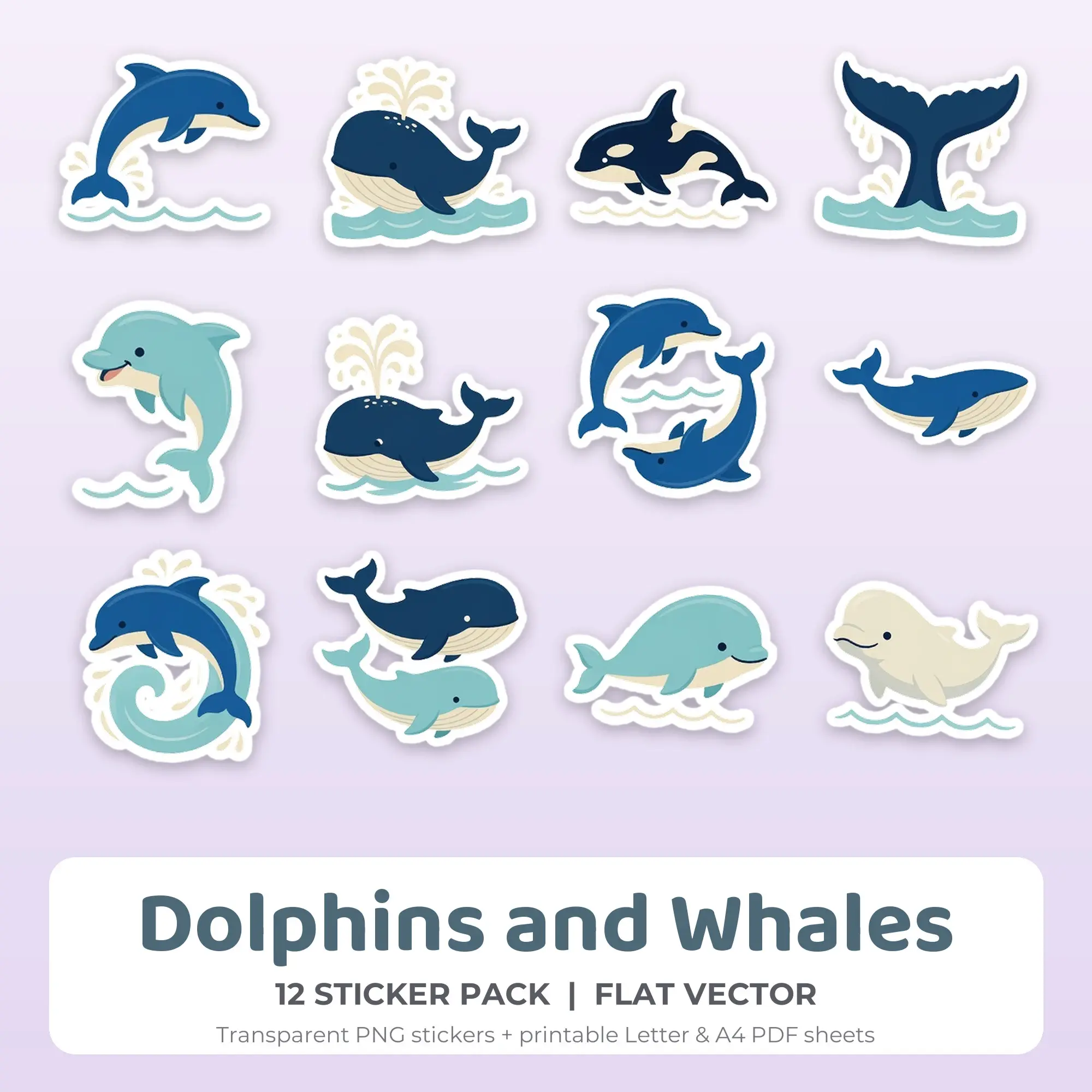 Dolphins and Whales Printable Stickers - 12 Die-Cut PNG + PDF preview