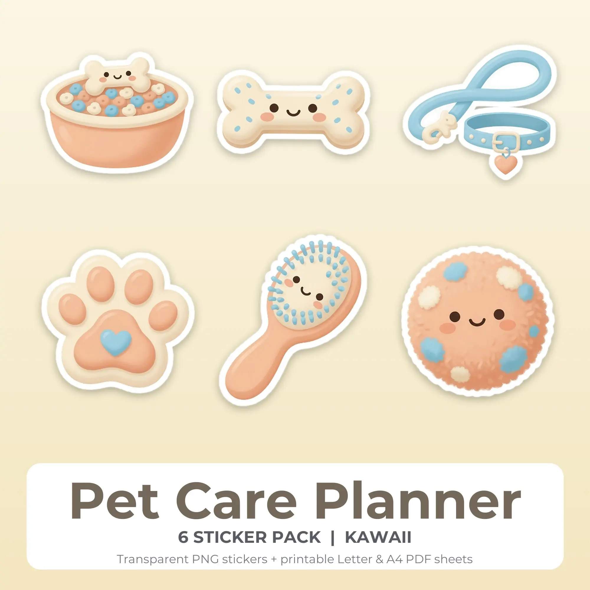 Printable Pet Care Planner Sticker Pack, Kawaii Style - 6 PNG preview