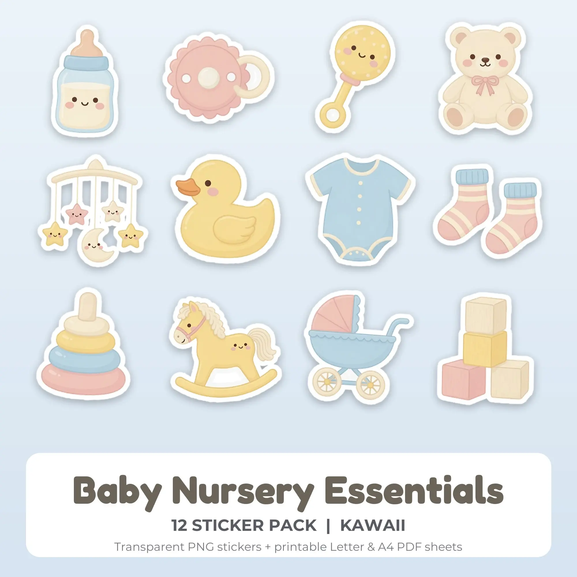 Baby Nursery Essentials Printable Stickers - 12 Die-Cut PNG + PDF preview