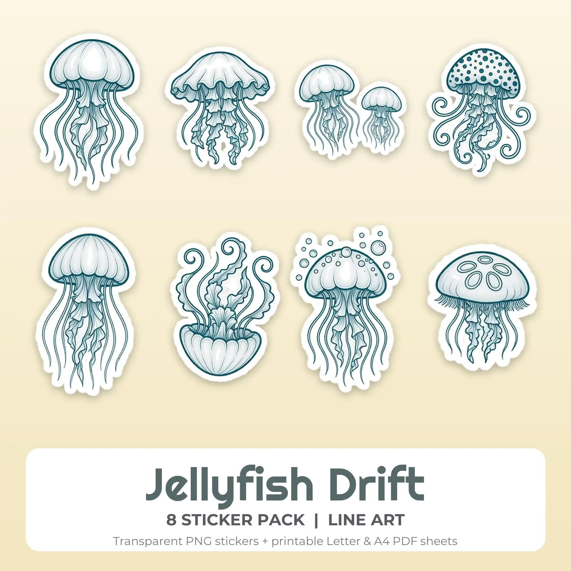 Line Art Jellyfish Drift Sticker Set - 8 Printable PNG preview