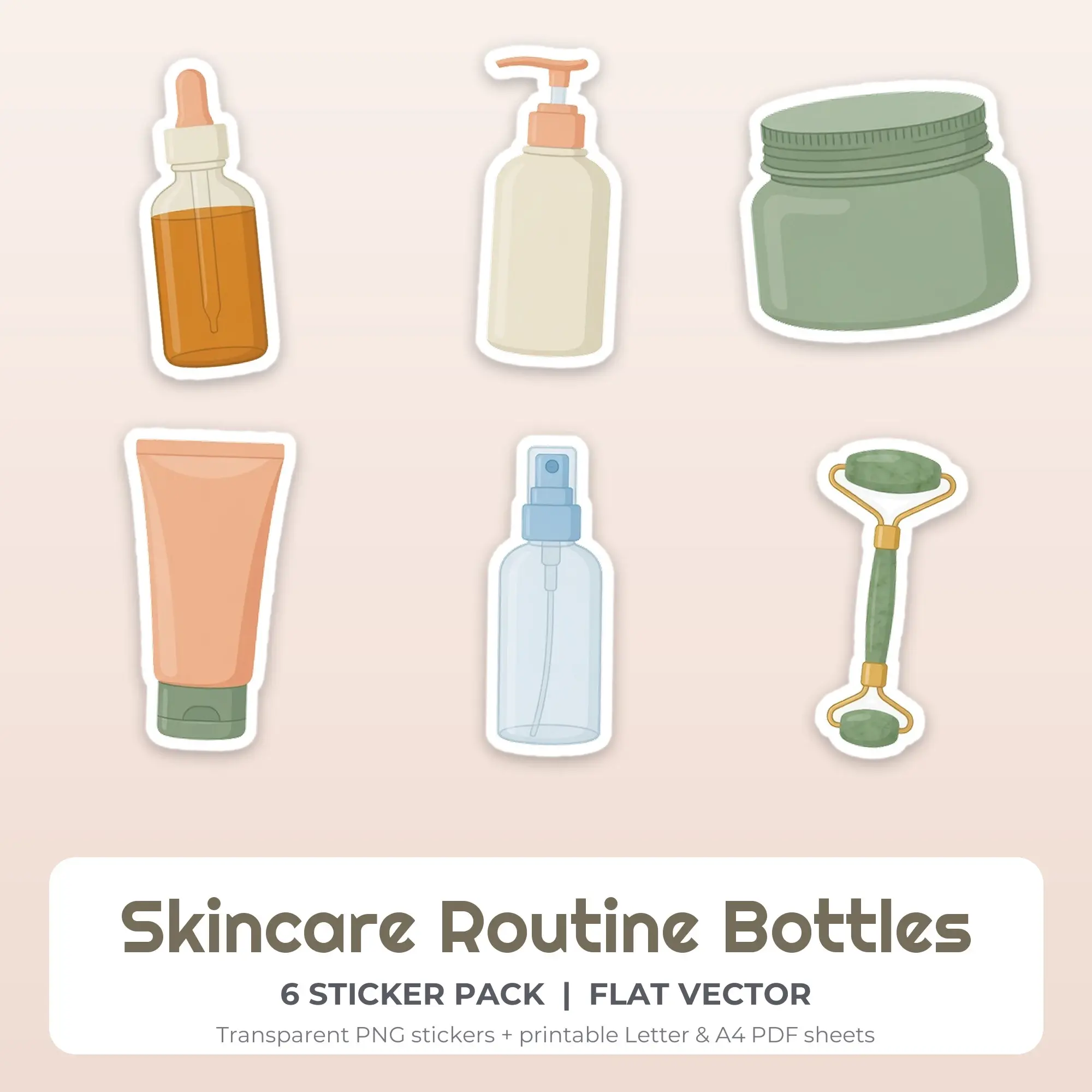 Skincare Routine Bottles Printable Stickers - 6 Die-Cut PNG + PDF preview