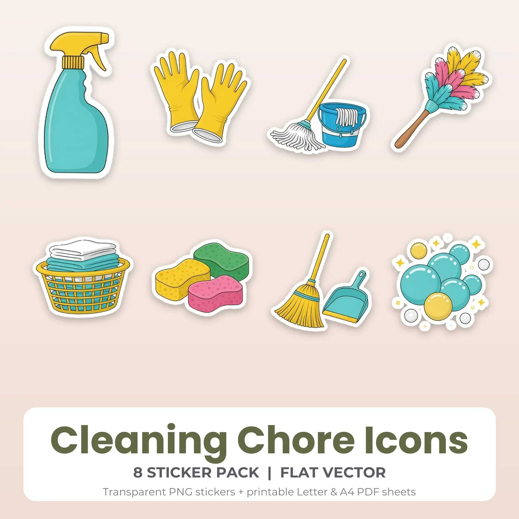 8 Cleaning Chore Icons Stickers - Printable Sticker Sheet PDF preview