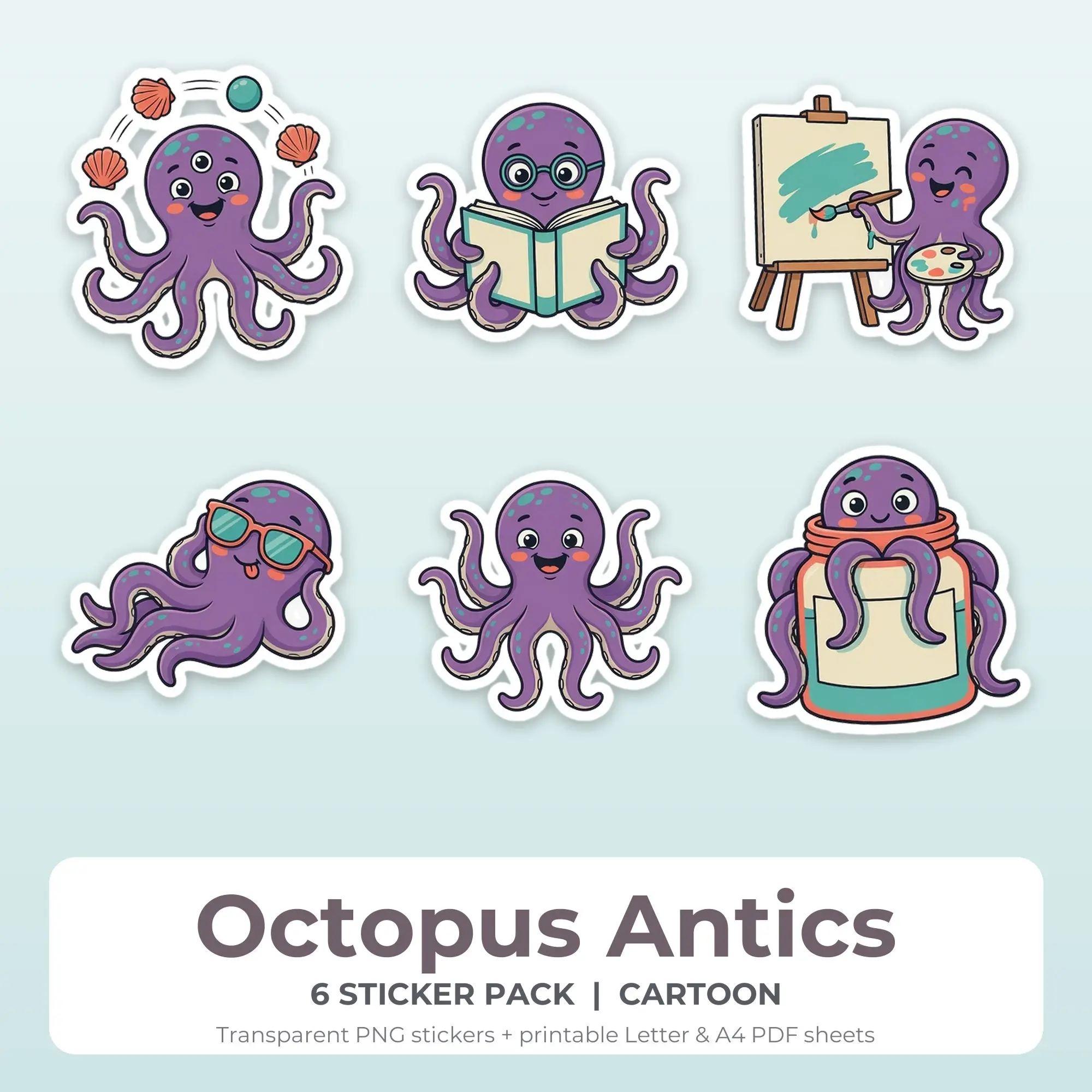 Cartoon Octopus Antics Sticker Set - 6 Printable PNG preview