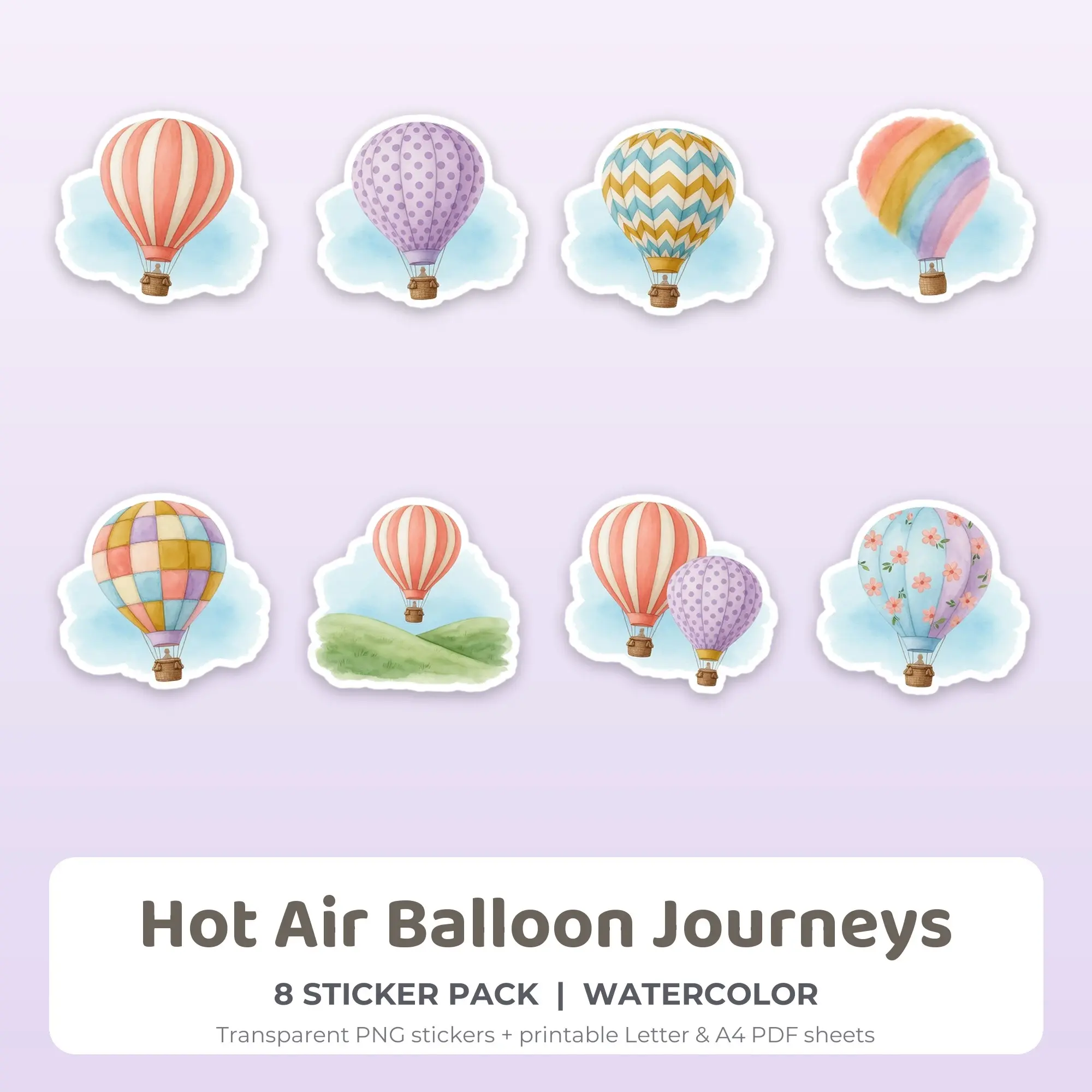Hot Air Balloon Journeys Sticker Pack - 8 Printable Stickers, preview 1 of 2