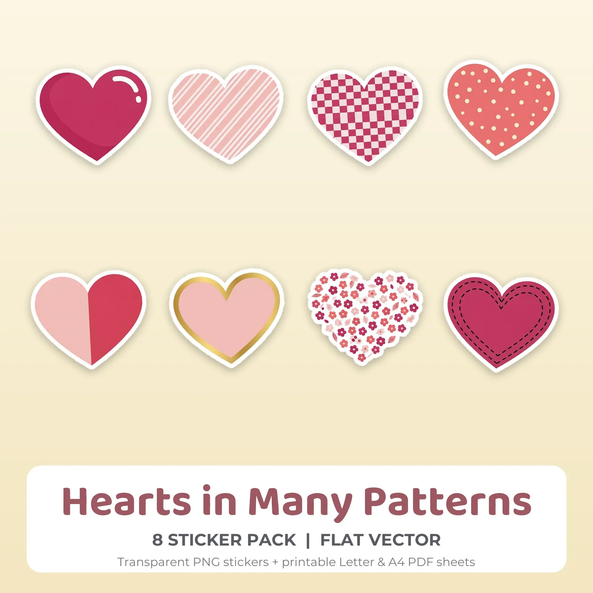 Hearts in Many Patterns Sticker Pack - 8 Printable Stickers preview