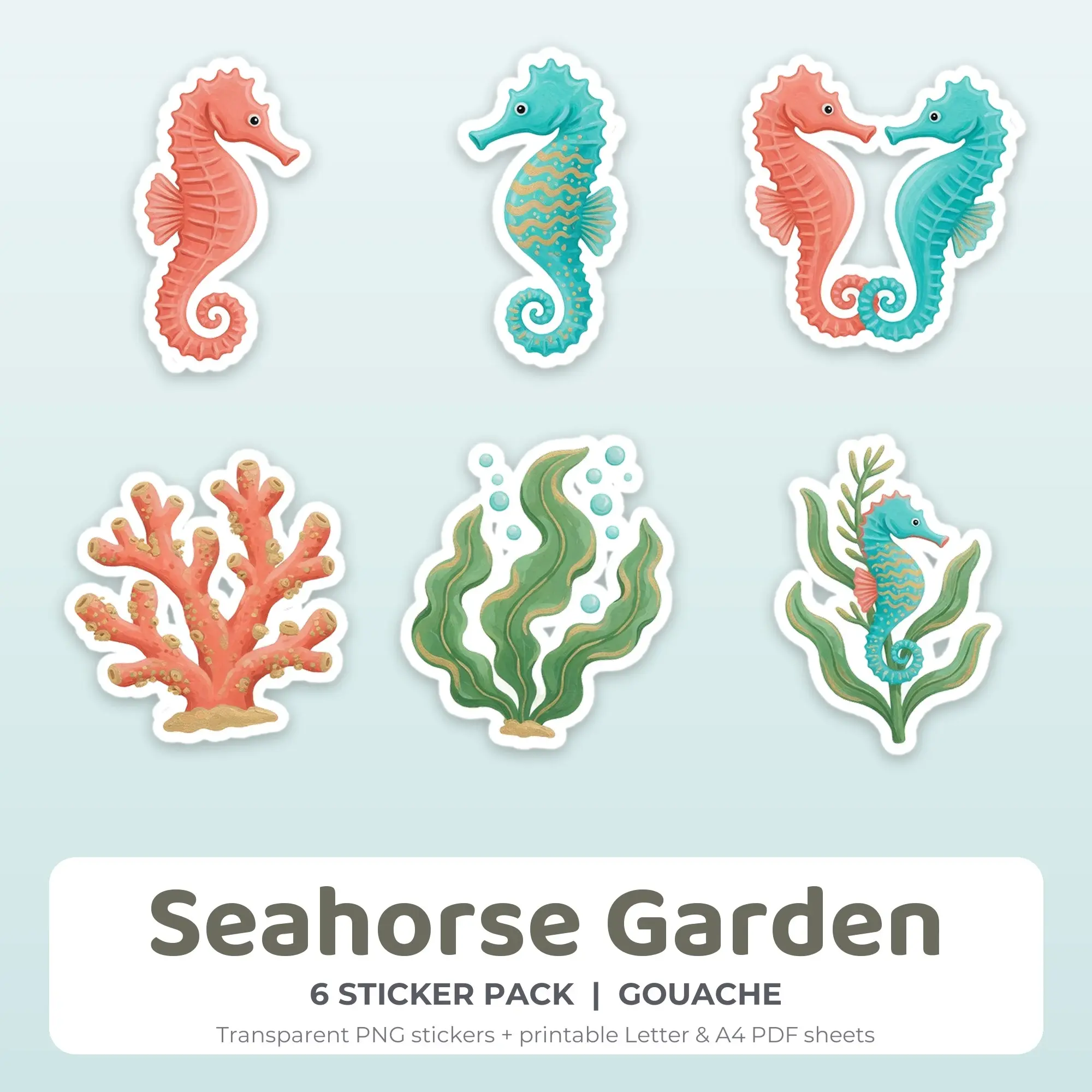 Seahorse Garden Stickers, 6 PNG + Printable PDF Sheet preview