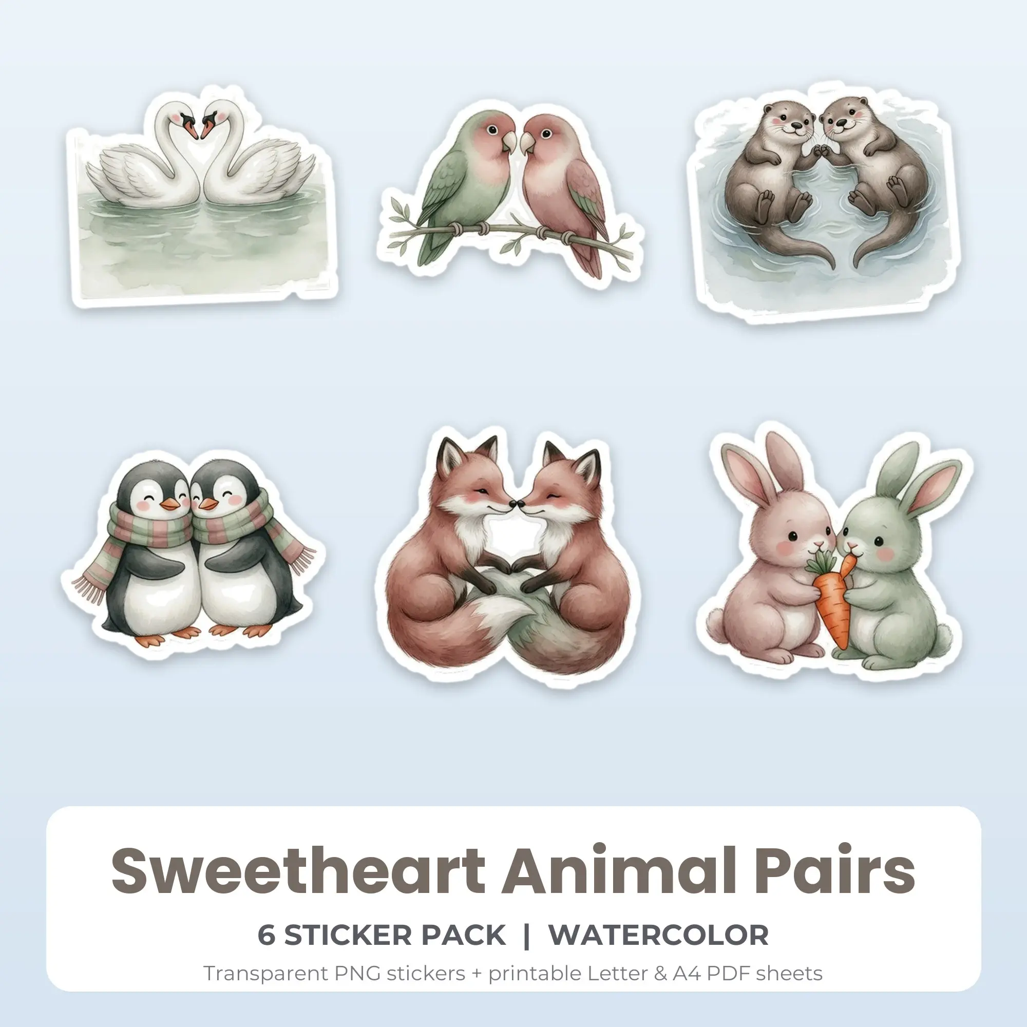 6 Sweetheart Animal Pairs Stickers - Printable Sticker Sheet PDF preview