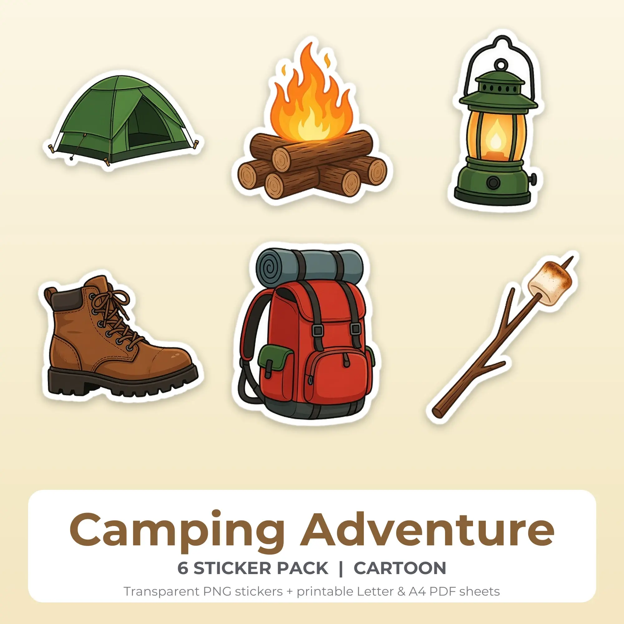Cartoon Camping Adventure Sticker Set - 6 Printable PNG, preview 1 of 2