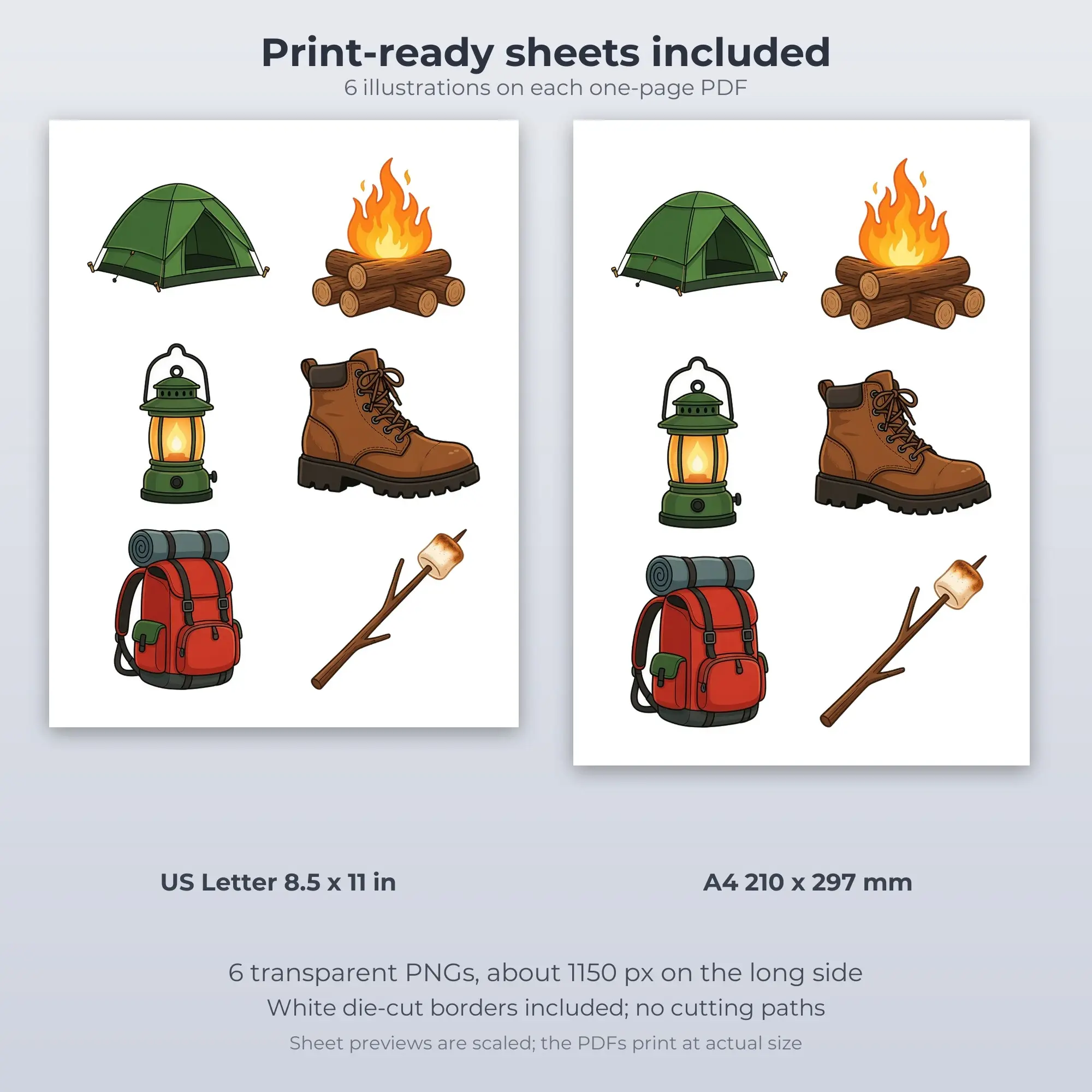 Cartoon Camping Adventure Sticker Set - 6 Printable PNG, preview 2 of 2