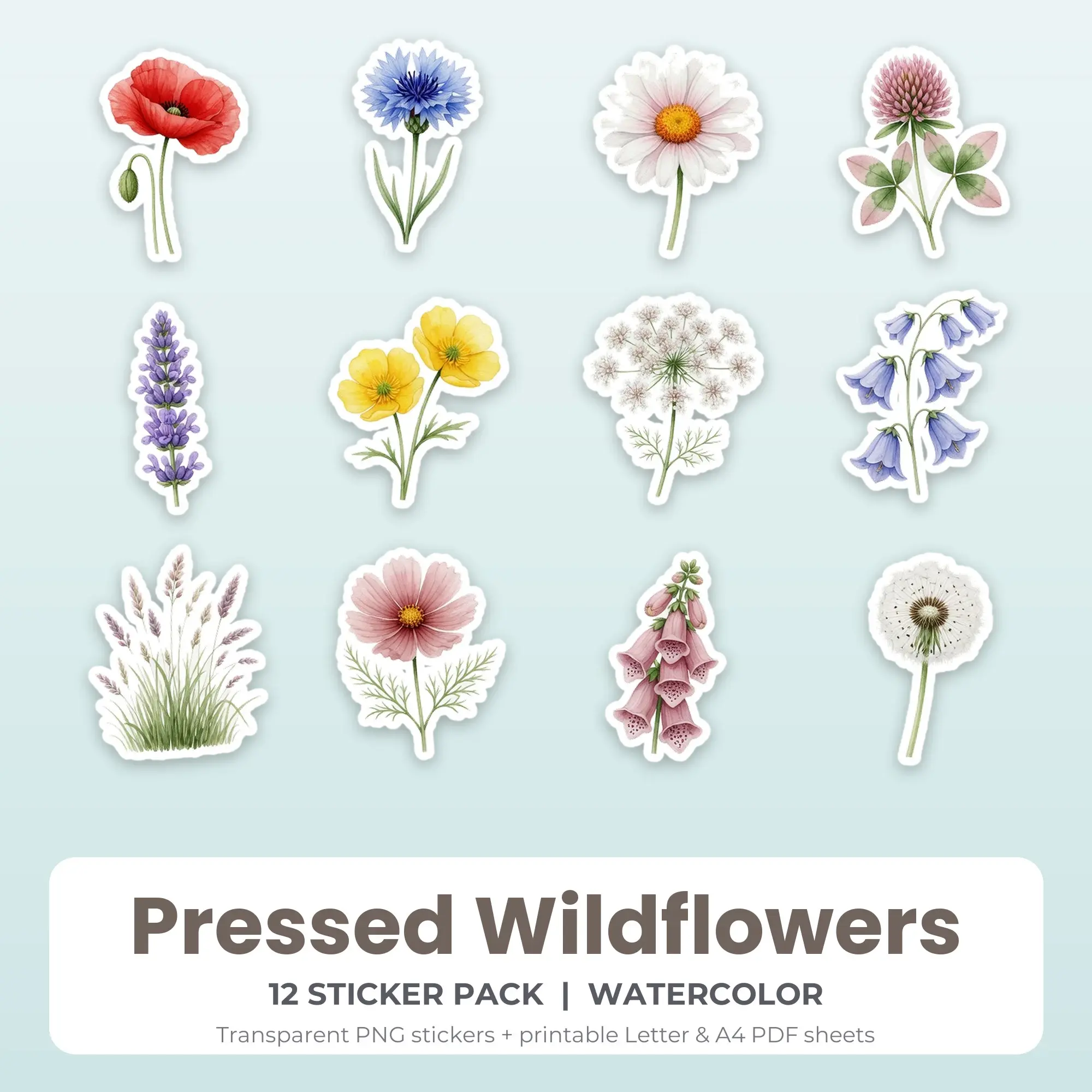 Watercolor Pressed Wildflowers Sticker Set - 12 Printable PNG preview