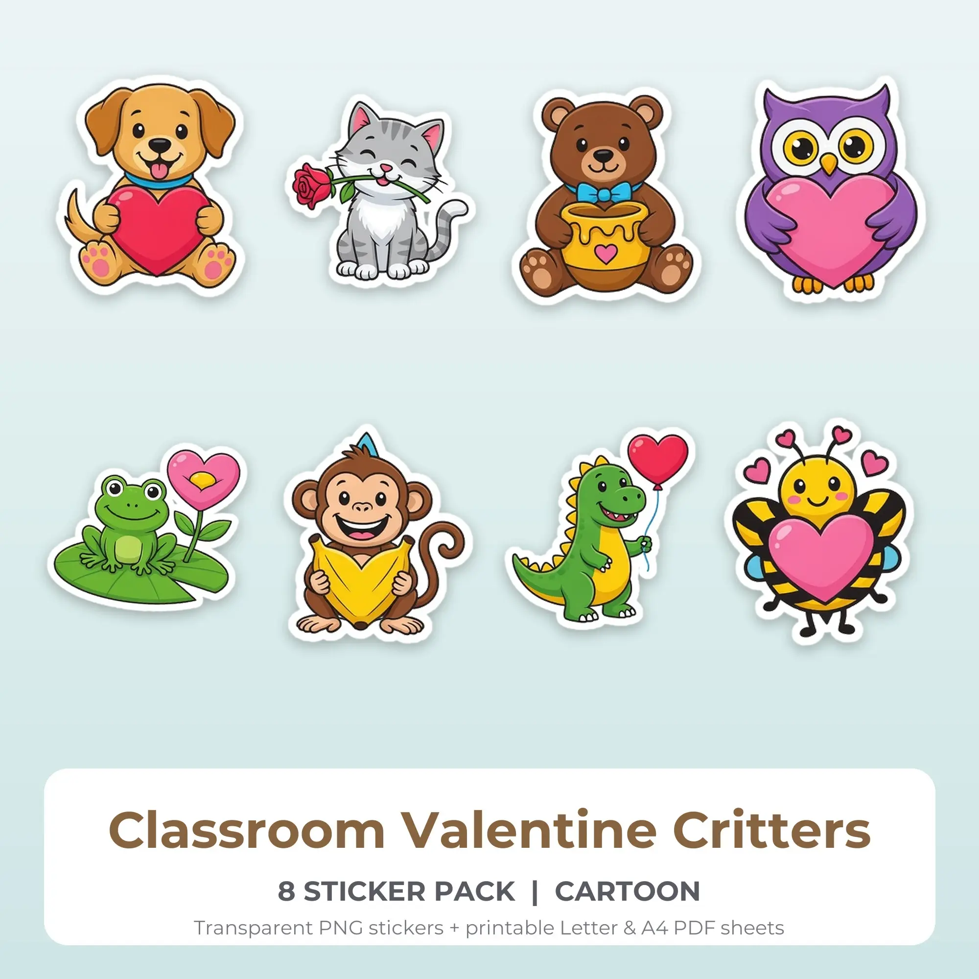 Classroom Valentine Critters Sticker Pack - 8 Printable Stickers preview