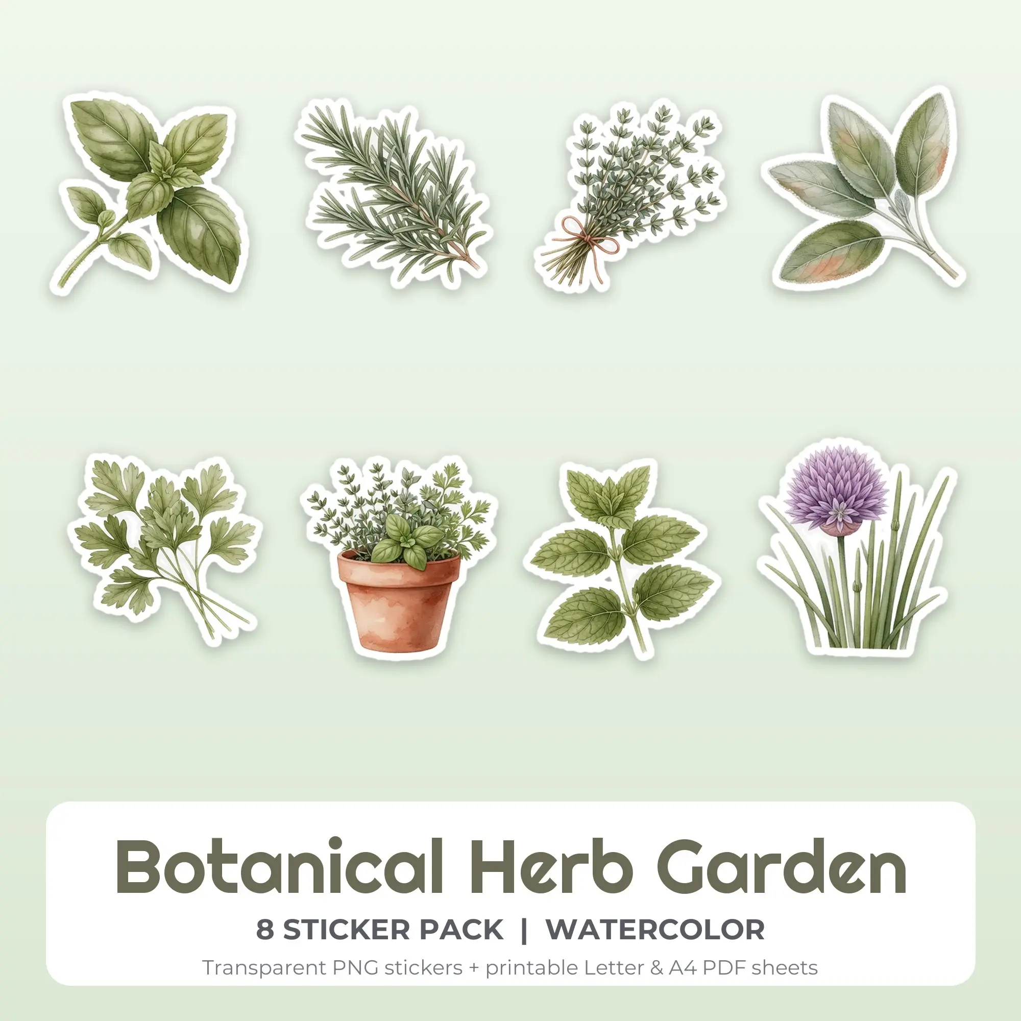 Printable Botanical Herb Garden Sticker Pack, Watercolor Style - 8 PNG preview