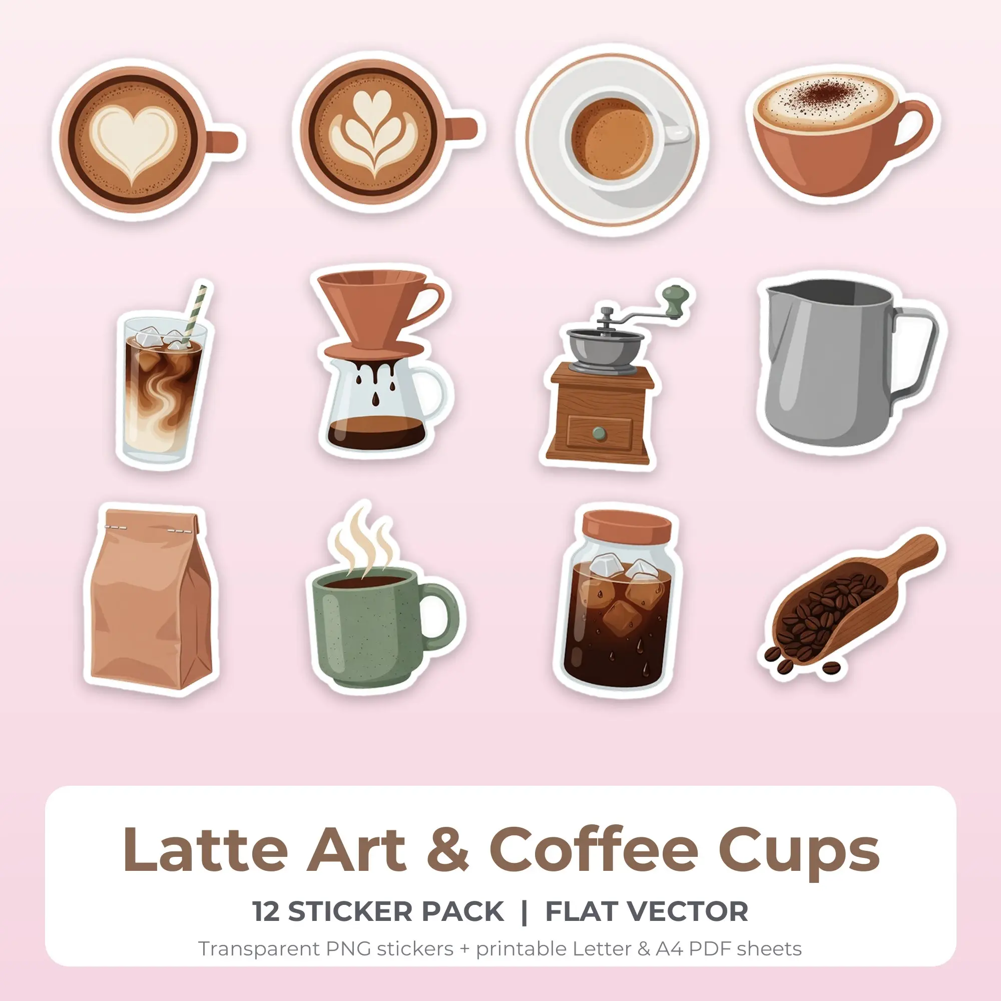 Flat Vector Latte Art & Coffee Cups Sticker Set - 12 Printable PNG preview