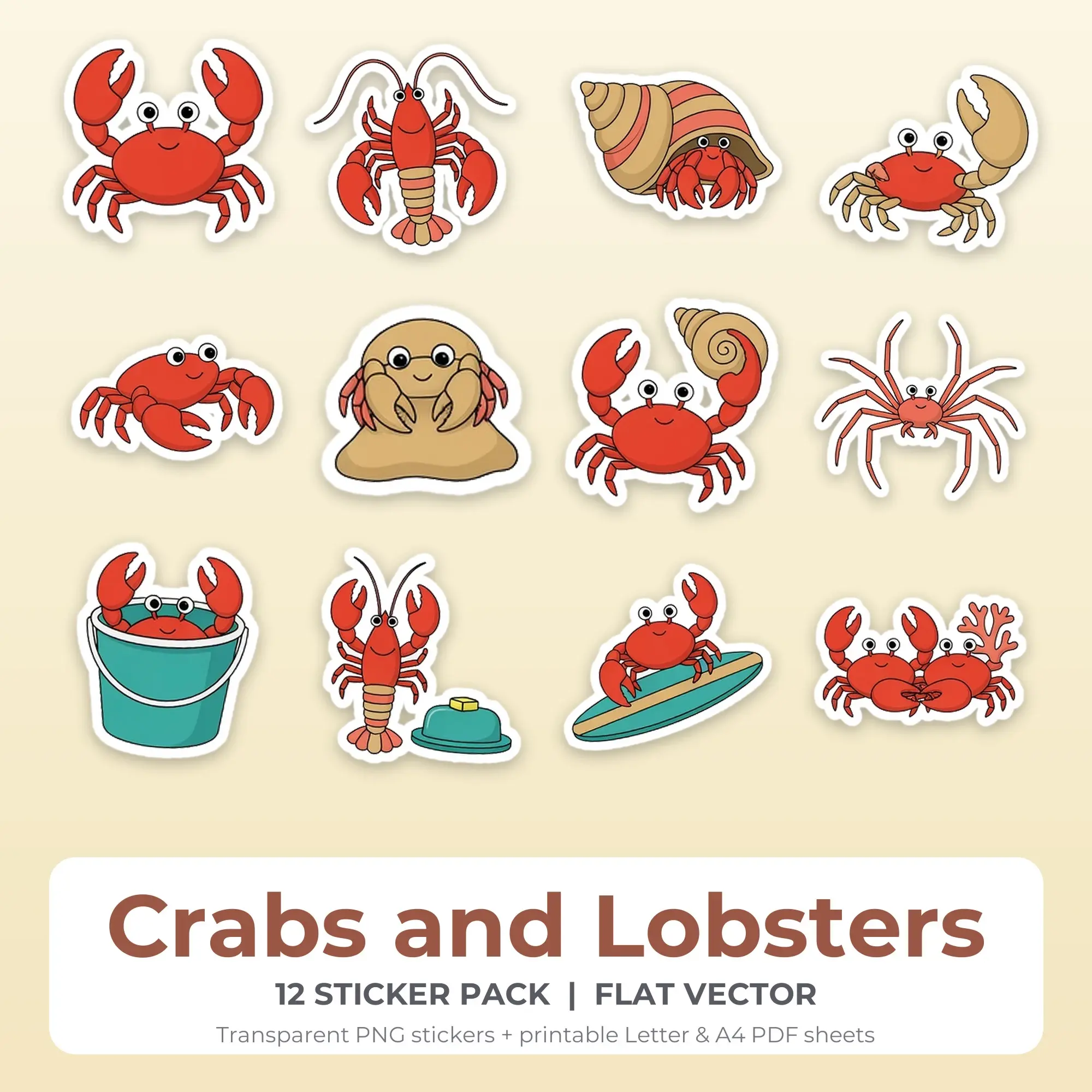 12 Crabs and Lobsters Stickers - Printable Sticker Sheet PDF preview