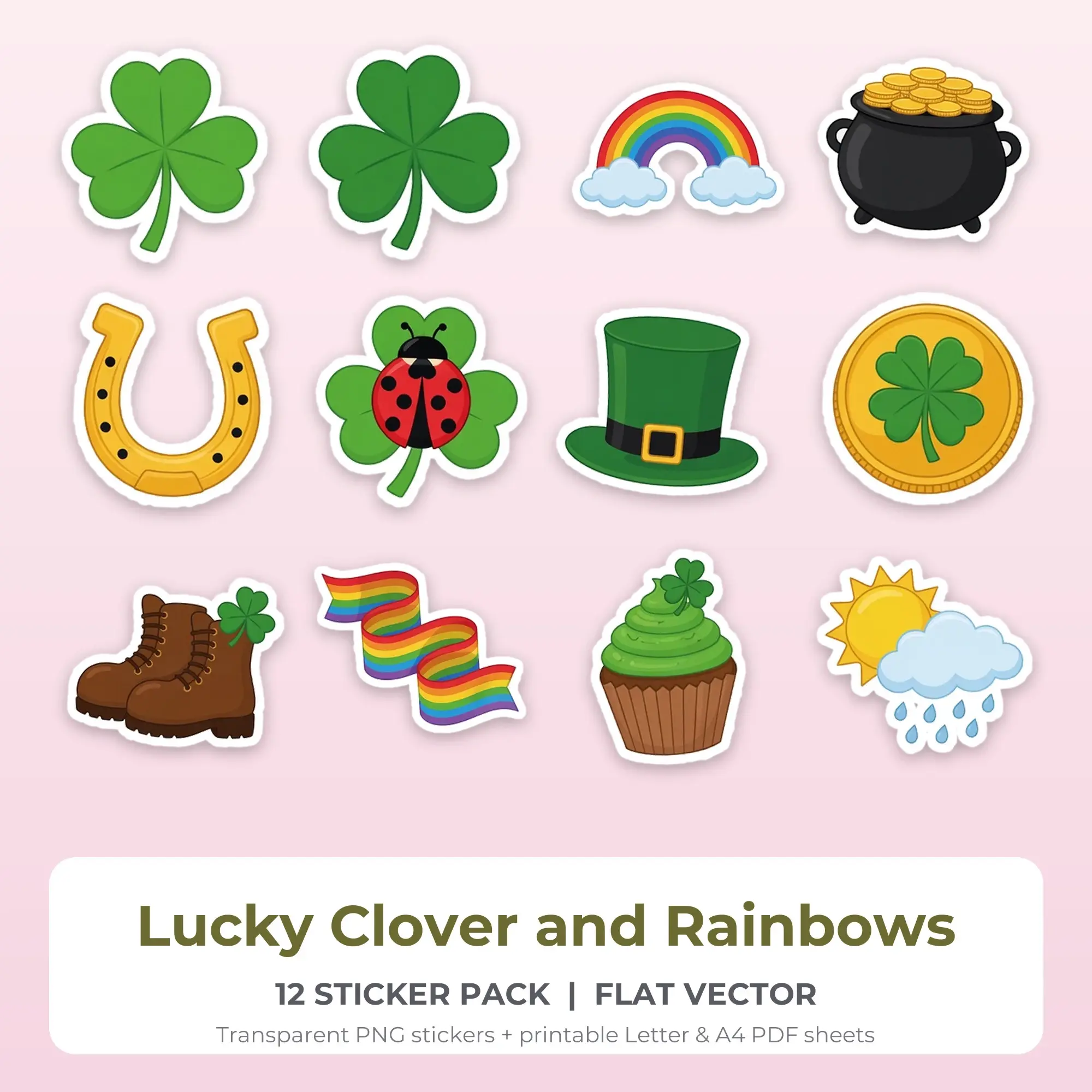 Lucky Clover and Rainbows Stickers, 12 PNG + Printable PDF Sheet preview