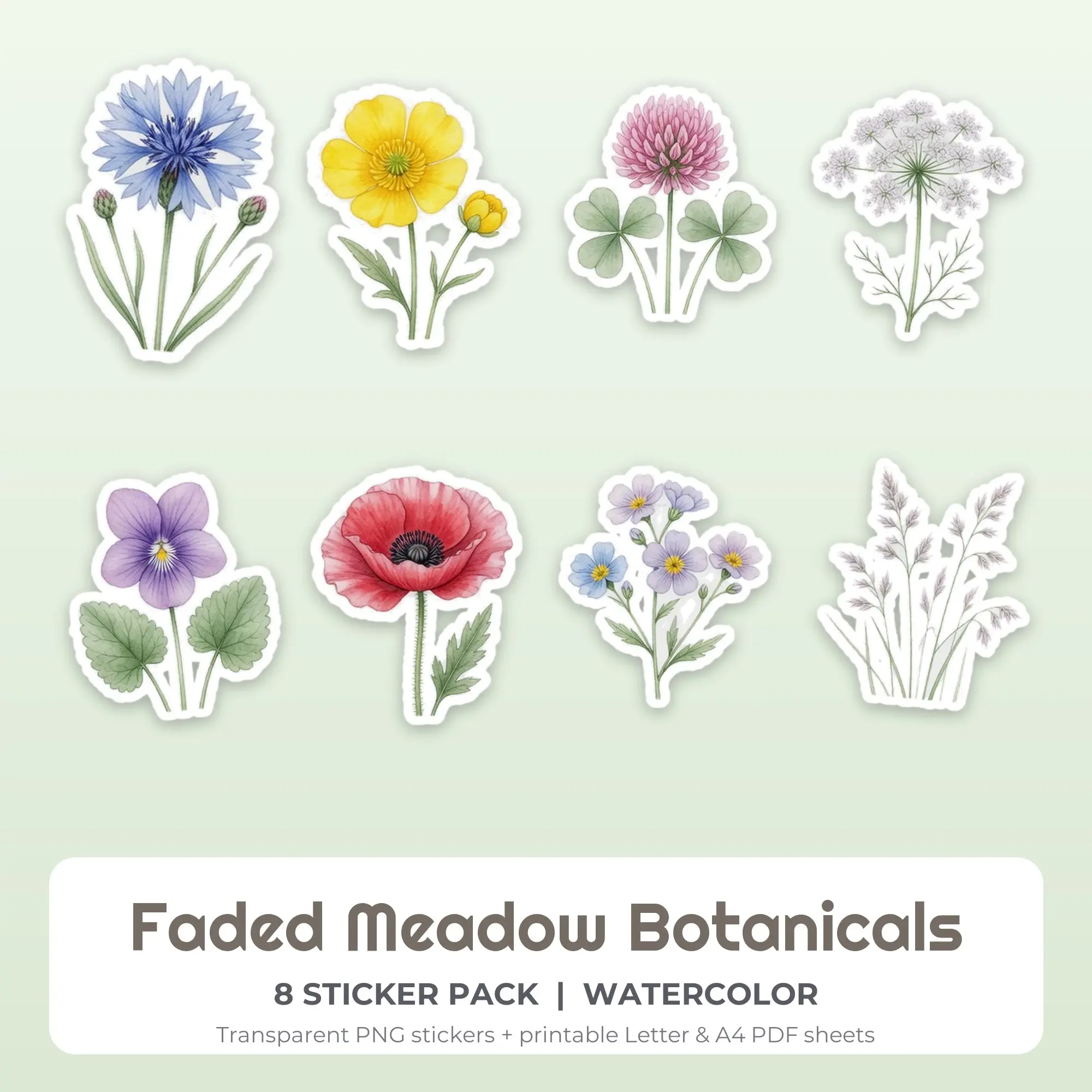 8 Faded Meadow Botanicals Stickers - Printable Sticker Sheet PDF preview