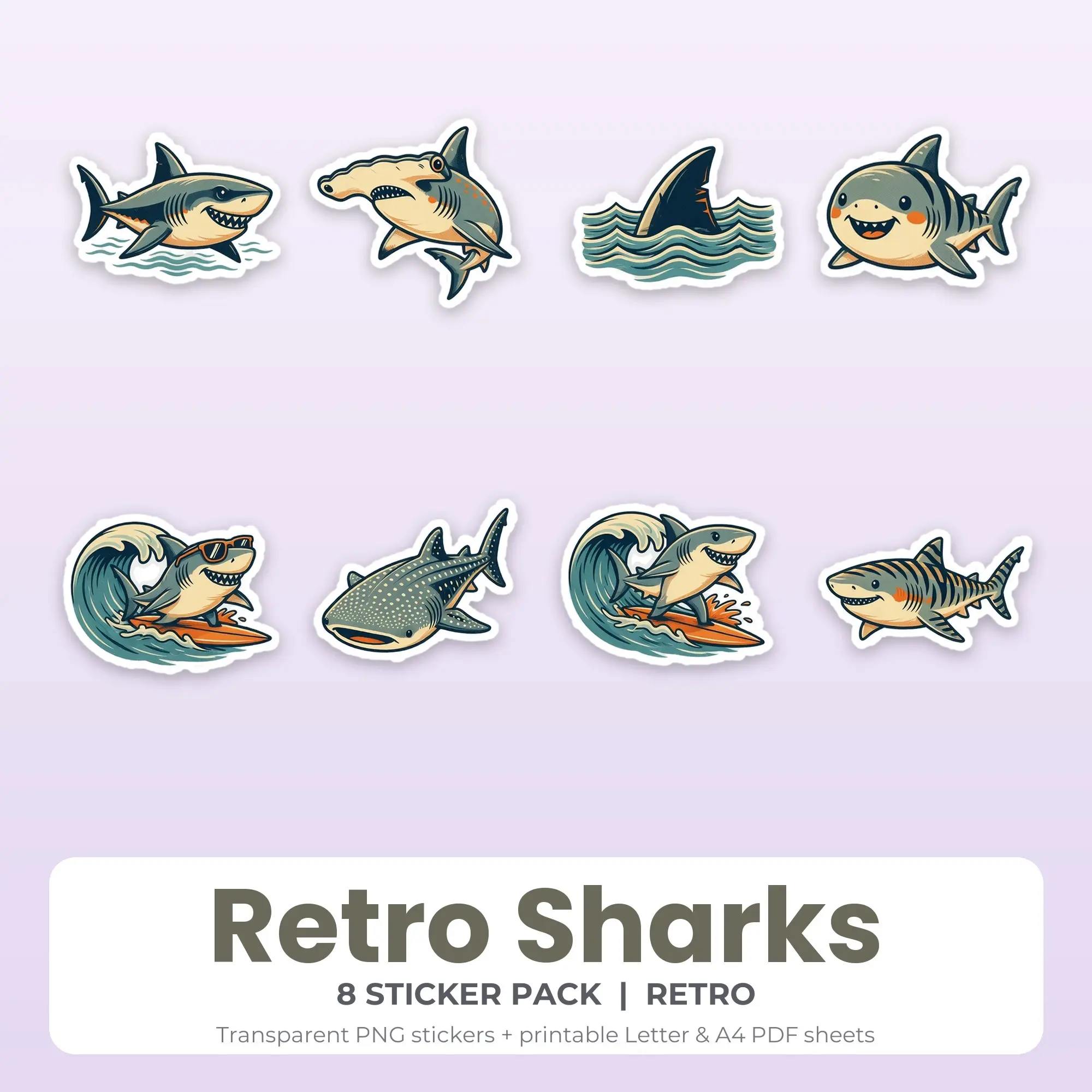 Retro Sharks Sticker Pack - 8 Printable Stickers preview